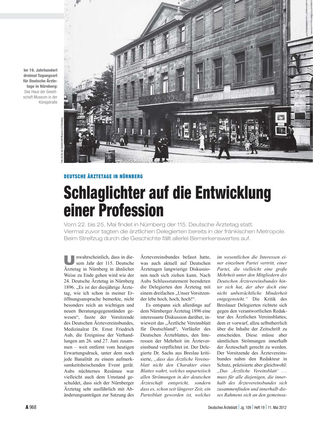 Vorschauseite 1: Deutsche Ärztetage in Nürnberg: Schlaglichter auf die Entwicklung einer Profession