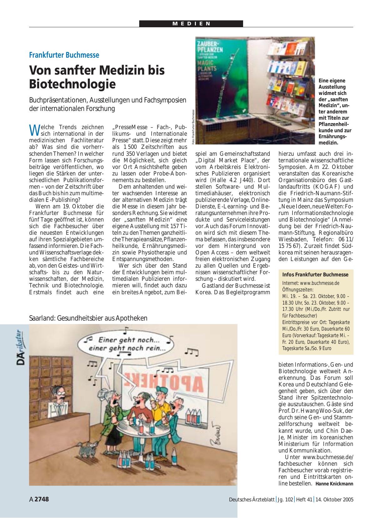 Vorschauseite 1: Frankfurter Buchmesse: Von sanfter Medizin bis Biotechnologie