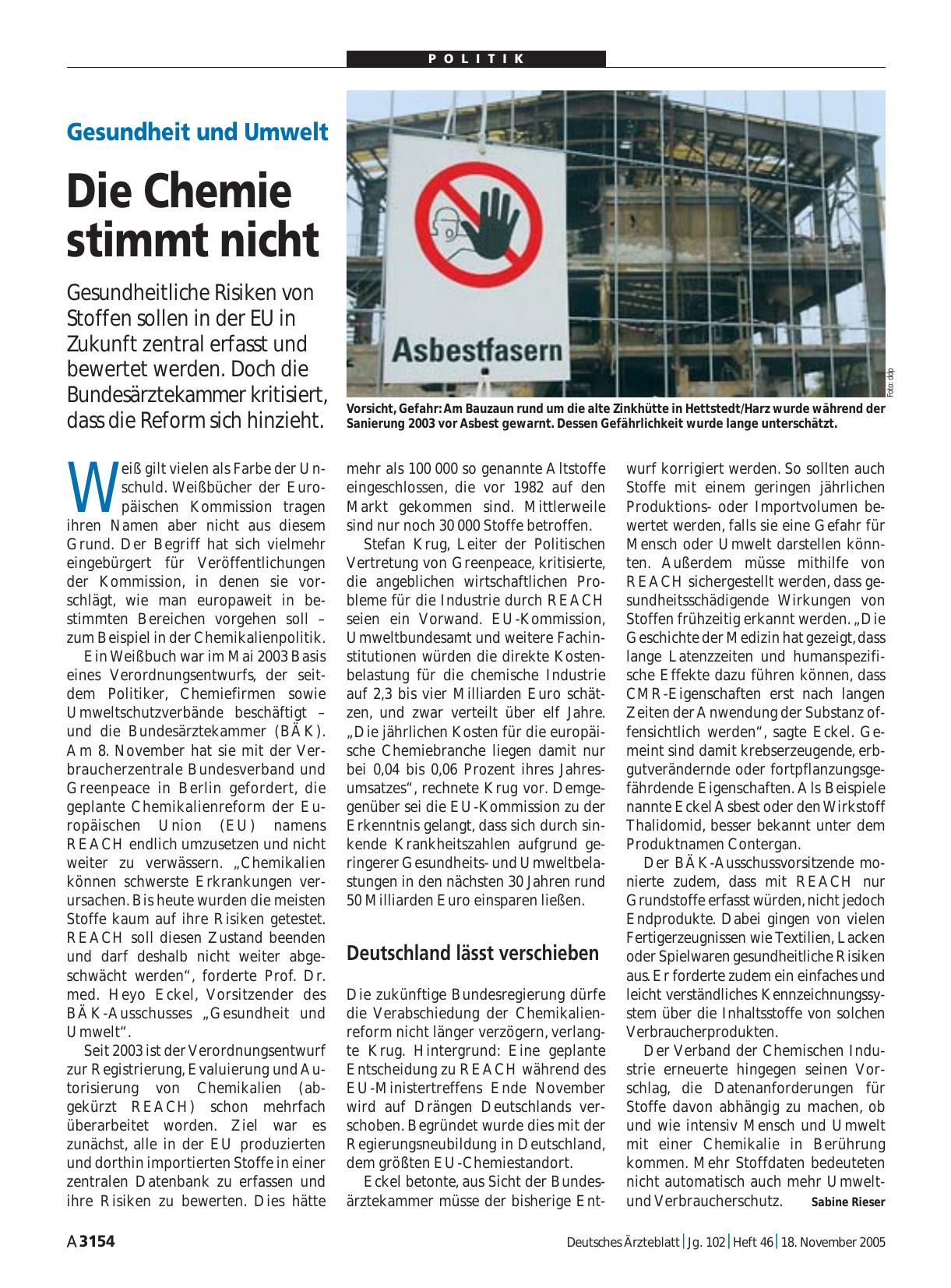 Vorschauseite 1: Gesundheit und Umwelt: Die Chemie stimmt nicht