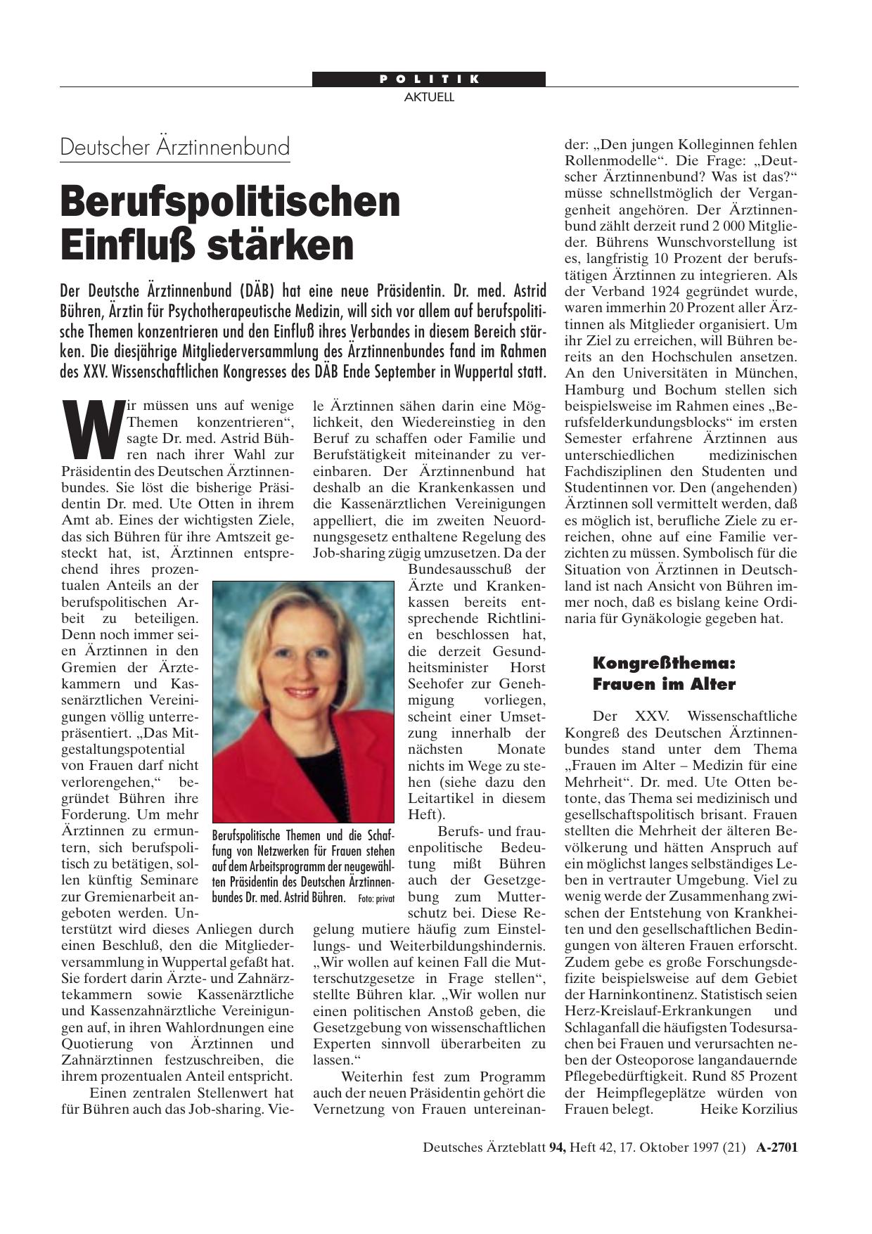 Vorschauseite 1: Deutscher Ärztinnenbund: Berufspolitischen Einfluß stärken
