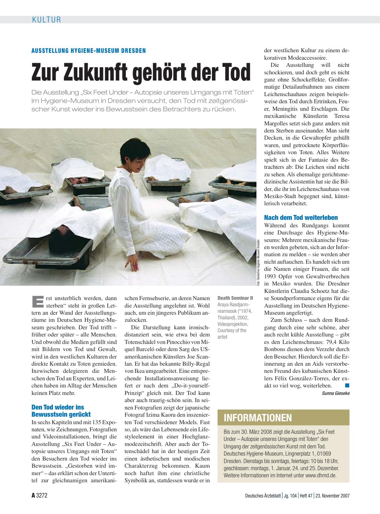 Vorschauseite 1: Ausstellung Hygiene-museum Dresden: Zur Zukunft gehört der Tod
