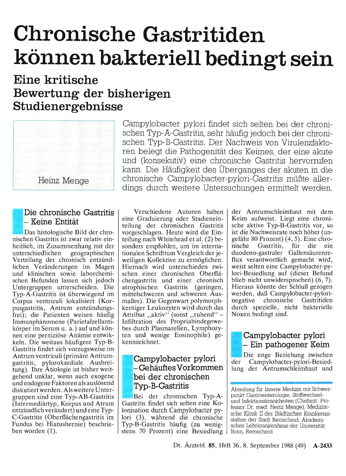 Vorschauseite 1: Chronische Gastritiden können bakteriell bedingt sein