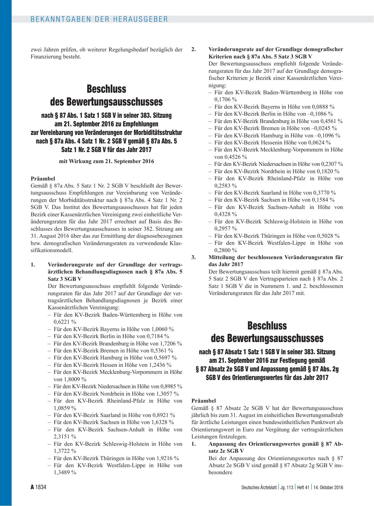 Vorschauseite 1: Beschluss des Bewertungsausschusses nach § 87 Abs. 1 Satz 1 SGB V in seiner 383. Sitzung am 21. September 2016 zu Empfehlungen zur Vereinbarung von Veränderungen der Morbiditätsst…