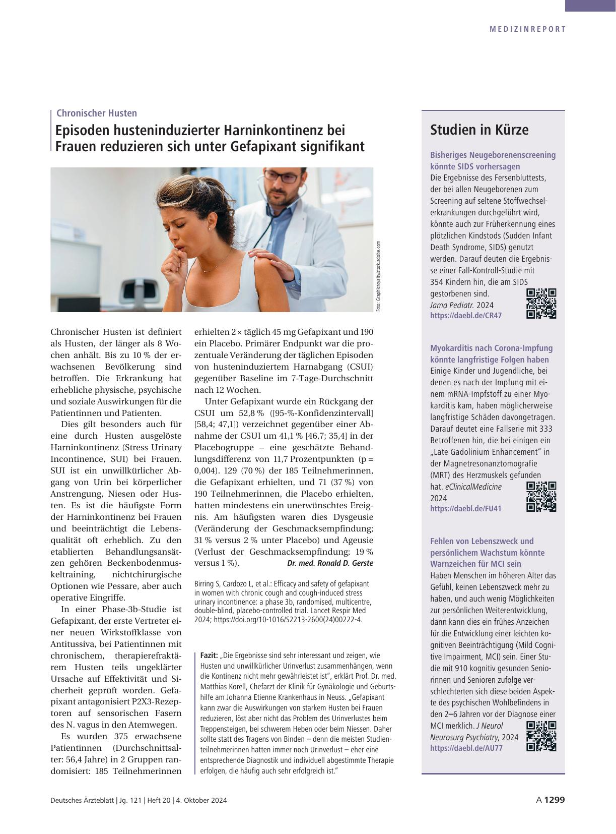 Vorschauseite 1: Chronischer Husten: Episoden husteninduzierter Harninkontinenz bei Frauen reduzieren sich unter Gefapixant signifikant.