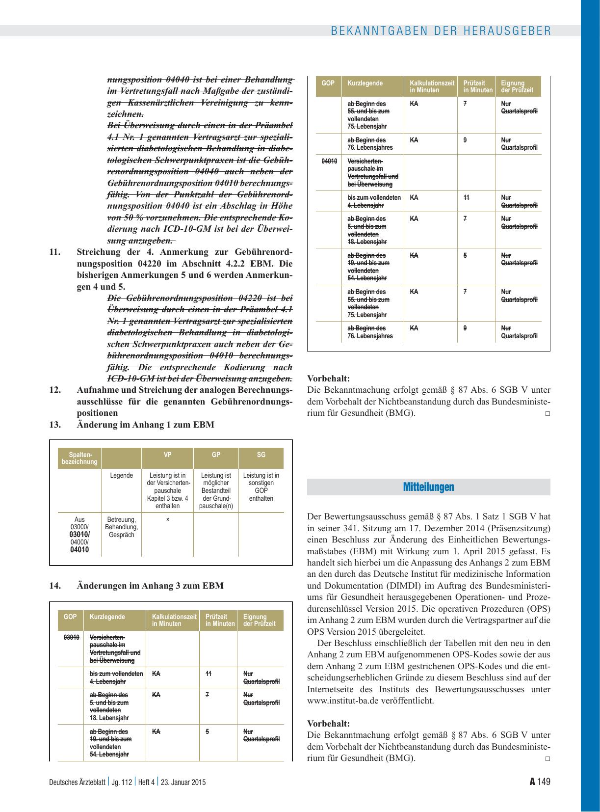 Vorschauseite 3: Beschluss des Bewertungsausschusses nach § 87 Abs. 1 Satz 1 SGB V in seiner 341. Sitzung am 17. Dezember 2014 zur Änderung des Einheitlichen Bewertungsmaßstabes (EBM) mit Wirkung…