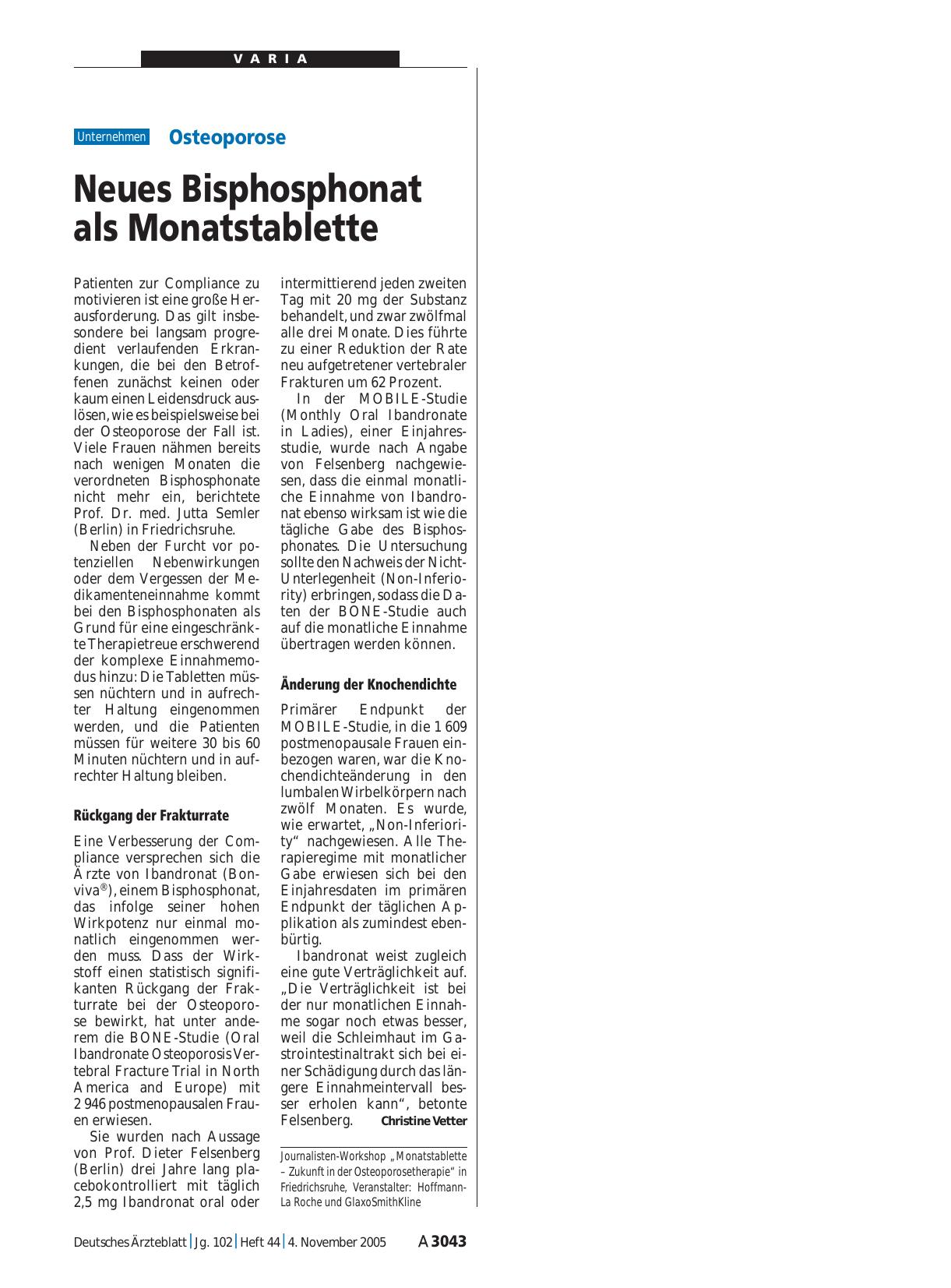 Vorschauseite 1: Osteoporose: Neues Bisphosphonat als Monatstablette