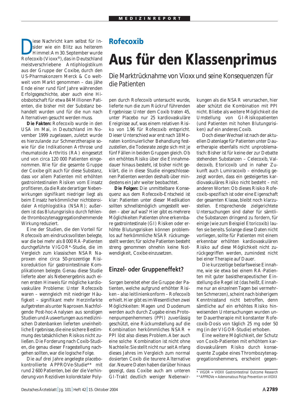 Vorschauseite 1: Rofecoxib: Aus für den Klassenprimus