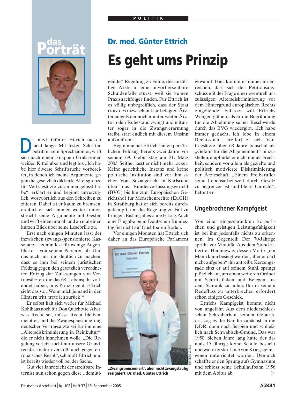 Vorschauseite 1: Das Porträt: Dr. med. Günter Ettrich Es geht ums Prinzip