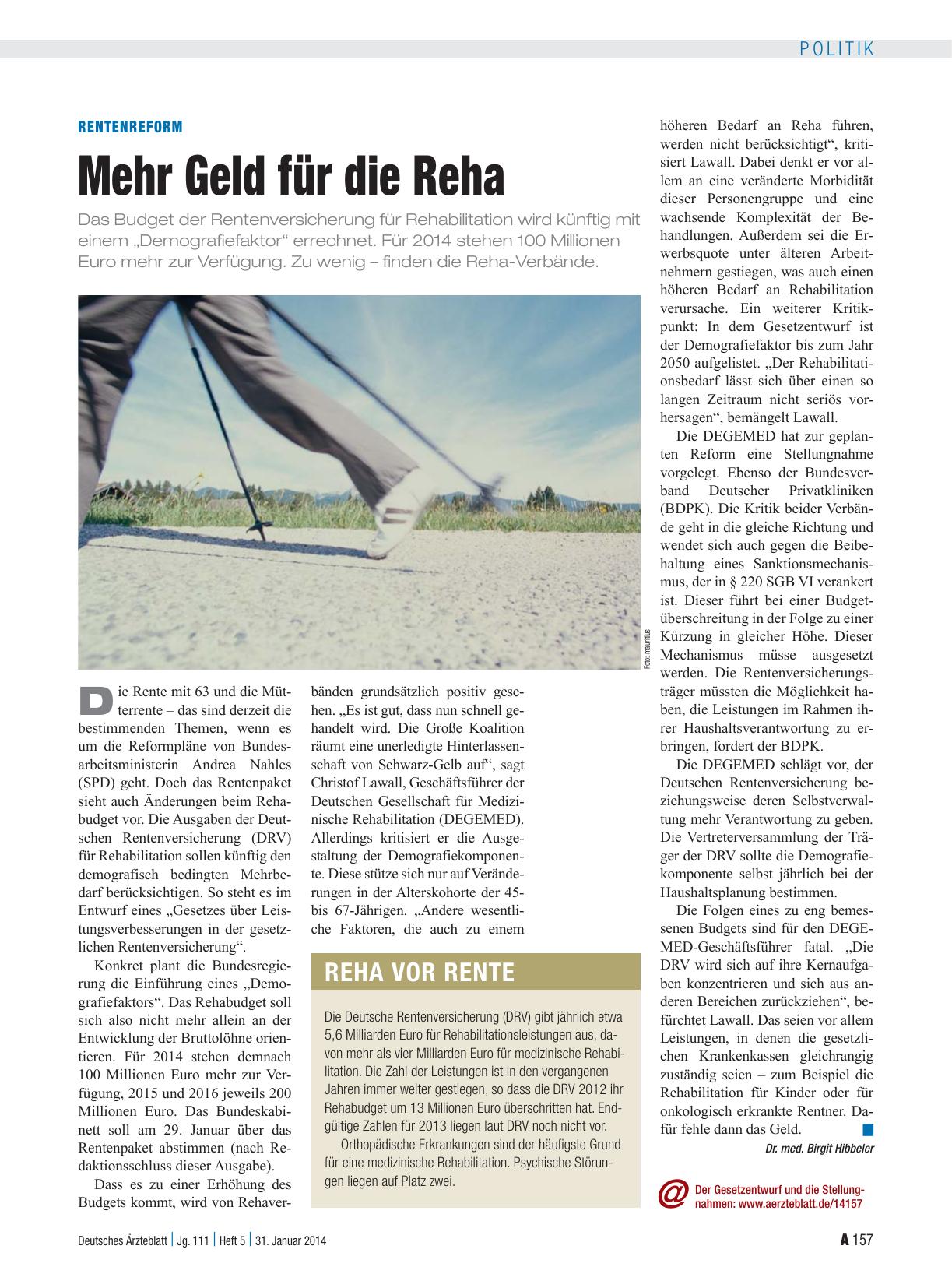 Vorschauseite 1: Rentenreform: Mehr Geld für die Reha