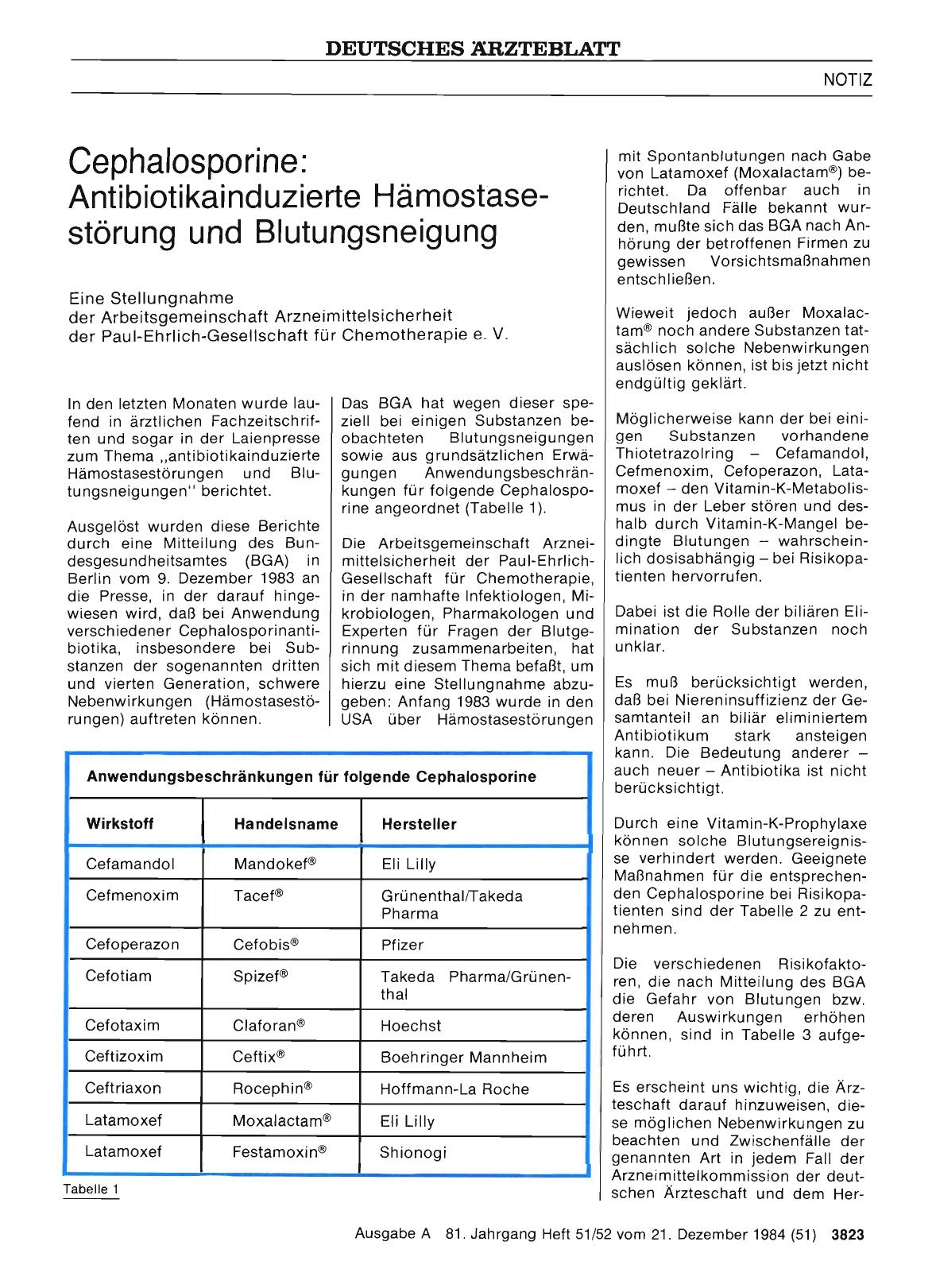 Vorschauseite 1: Cephalosporine: Antibiotikainduzierte Hämostasestörung und Blutungsneigung