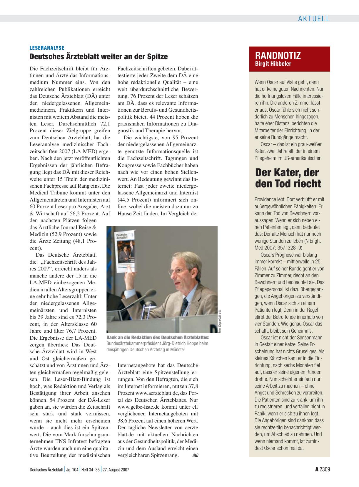 Vorschauseite 1: Leseranalyse: Deutsches Ärzteblatt weiter an der Spitze