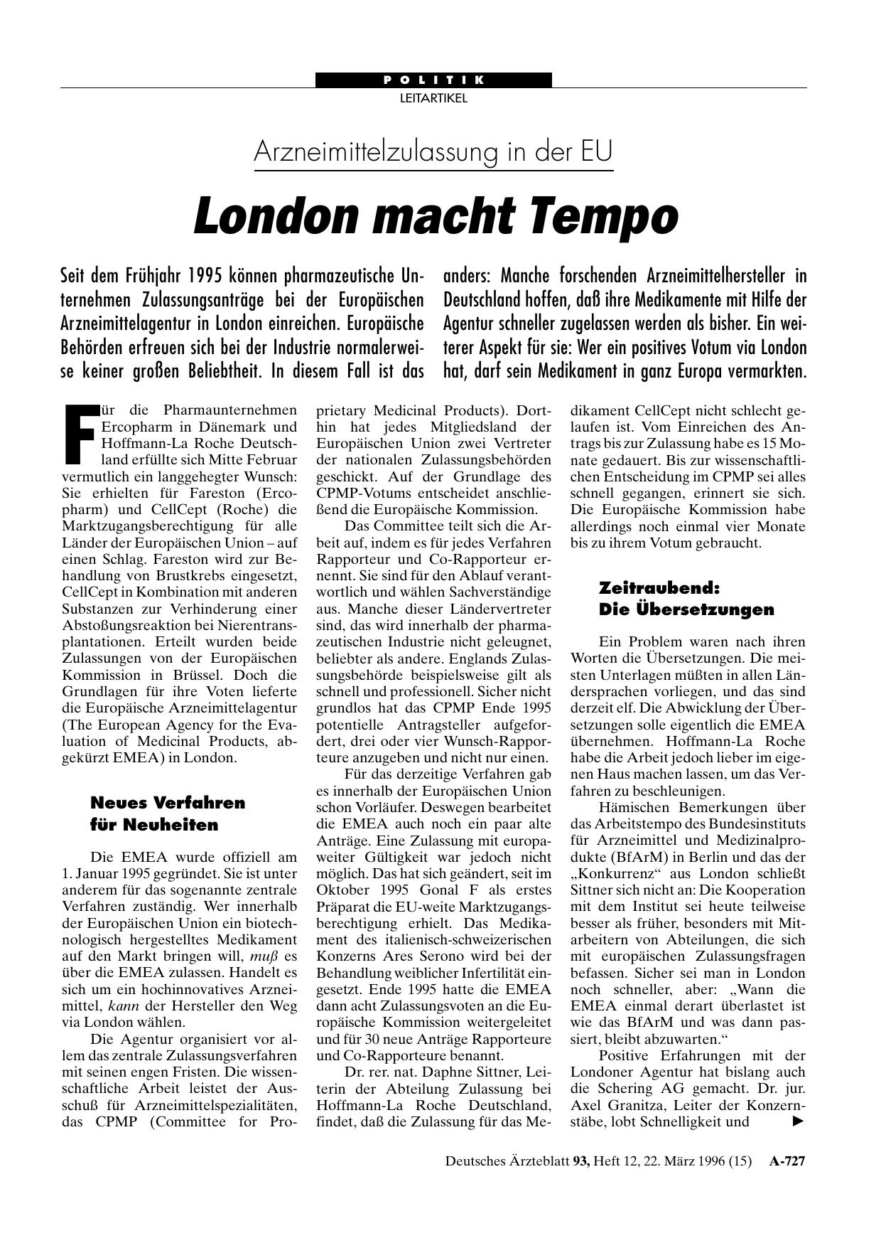 Vorschauseite 1: Arzneimittelzulassung in der EU: London macht Tempo