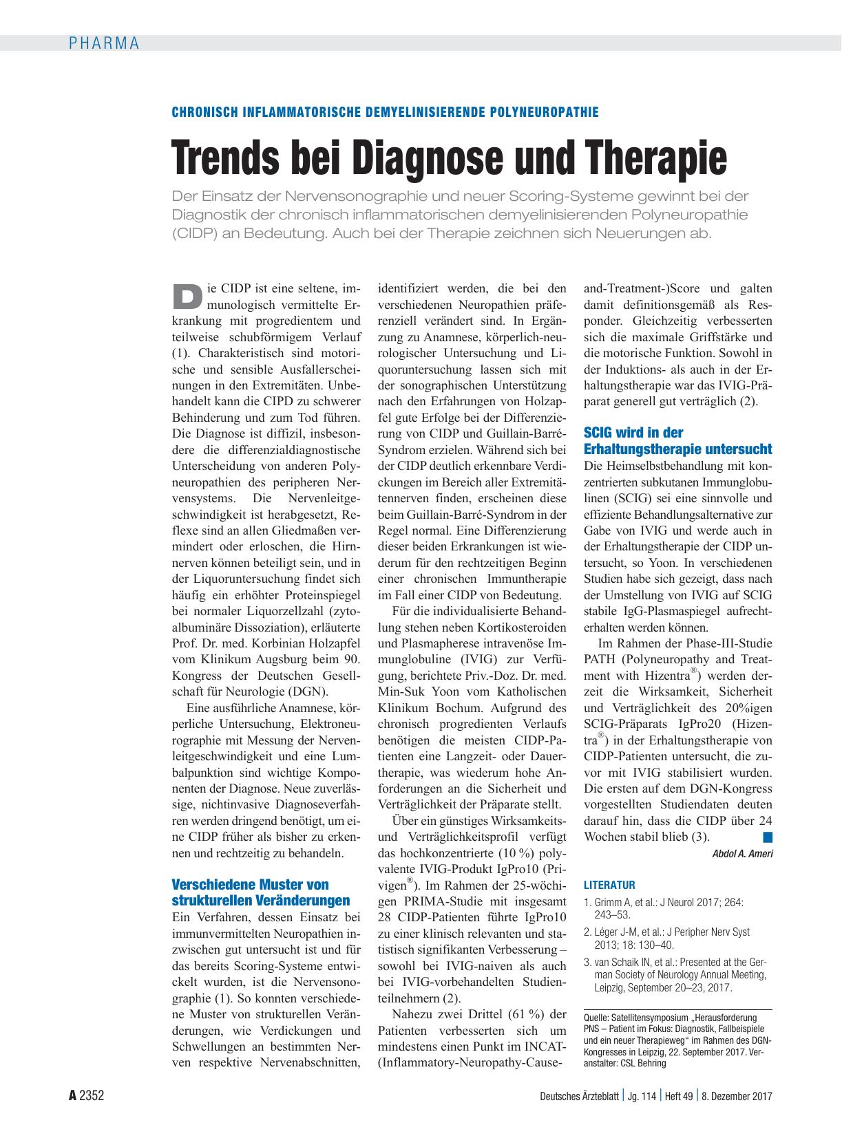 Vorschauseite 1: Chronisch inflammatorische demyelinisierende Polyneuropathie: Trends bei Diagnose und Therapie