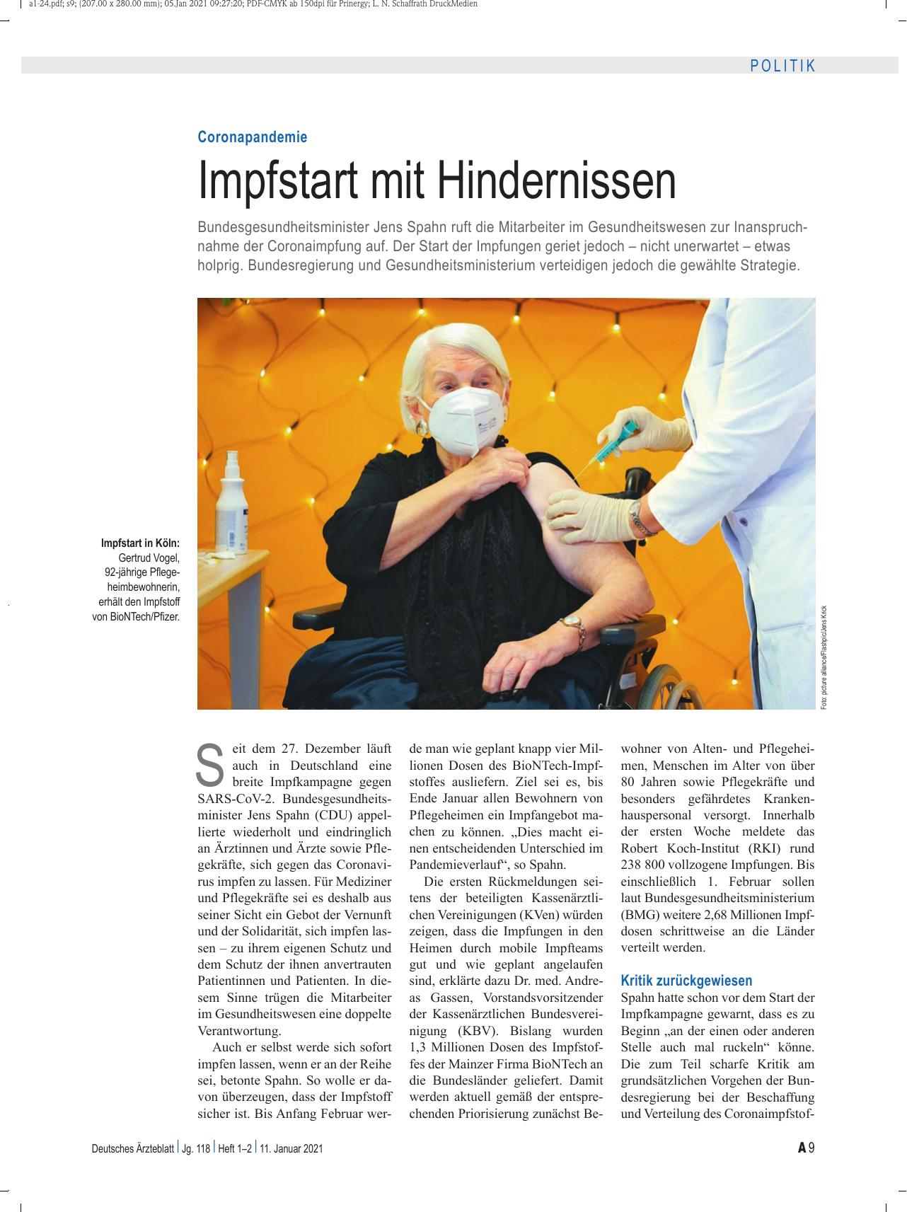 Vorschauseite 1: Coronapandemie: Impfstart mit Hindernissen