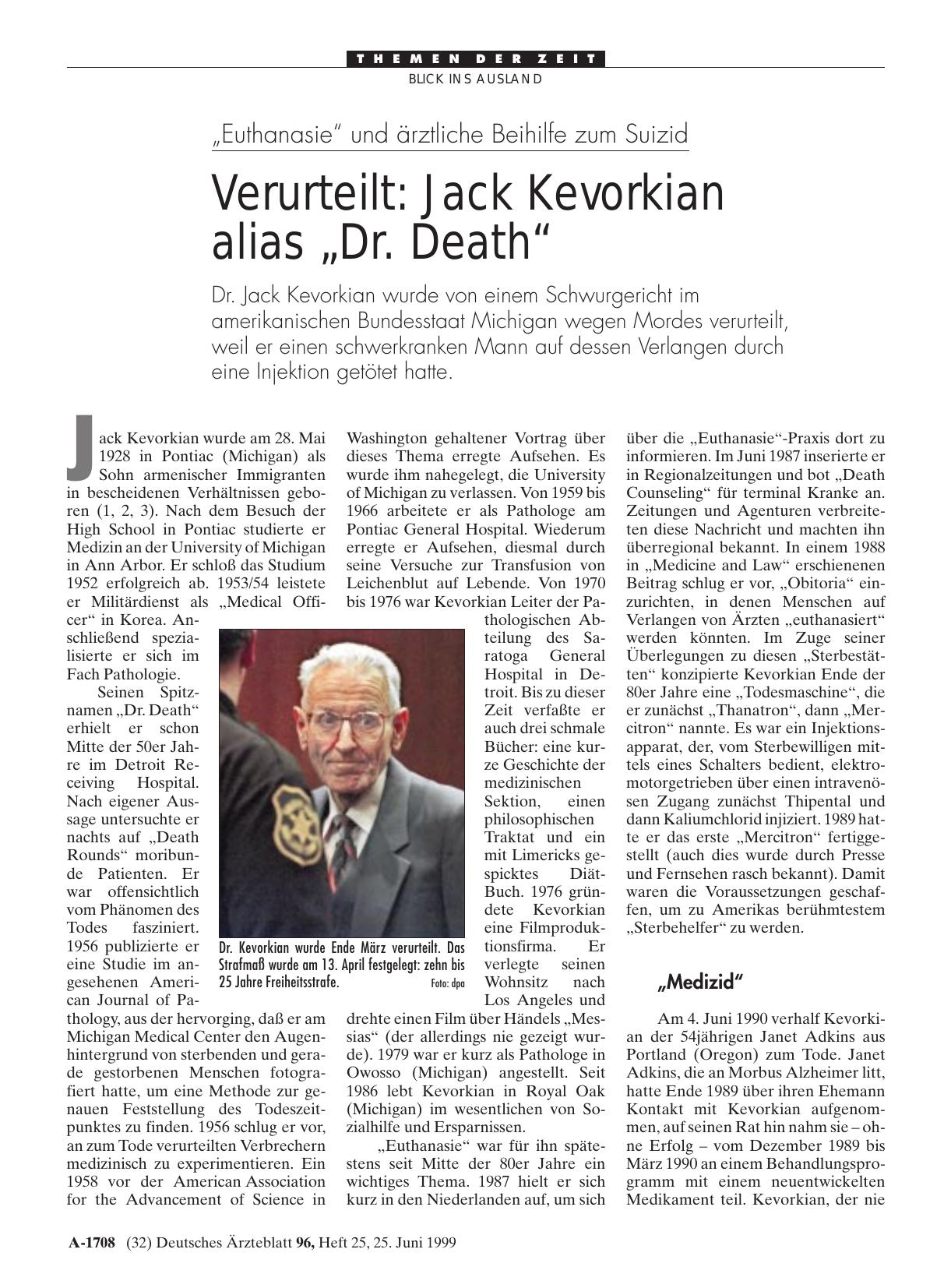 Vorschauseite 1: „Euthanasie„ und ärztliche Beihilfe zum Suizid – Verurteilt: Jack Kevorkian alias „Dr. Death„