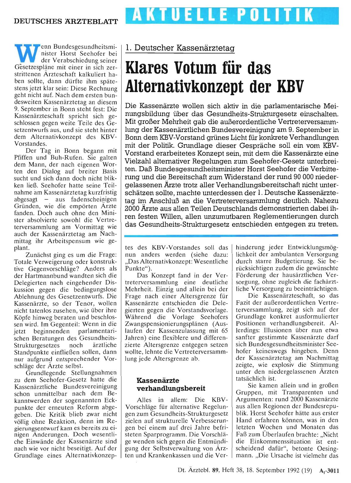 Vorschauseite 1: 1. Deutscher Kassenärztetag: Klares Votum für das Alternativkonzept der KBV
