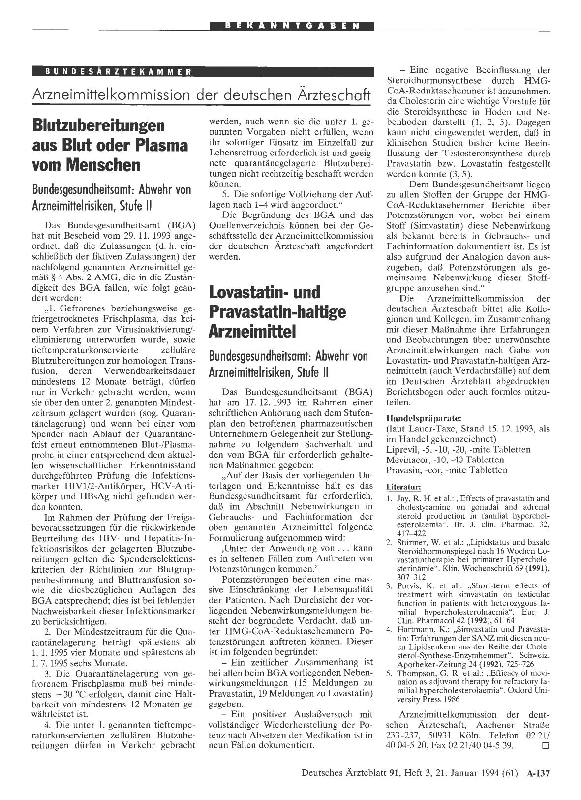 Vorschauseite 1: Lovastatinund Pravastatin-haltige Arzneimittel