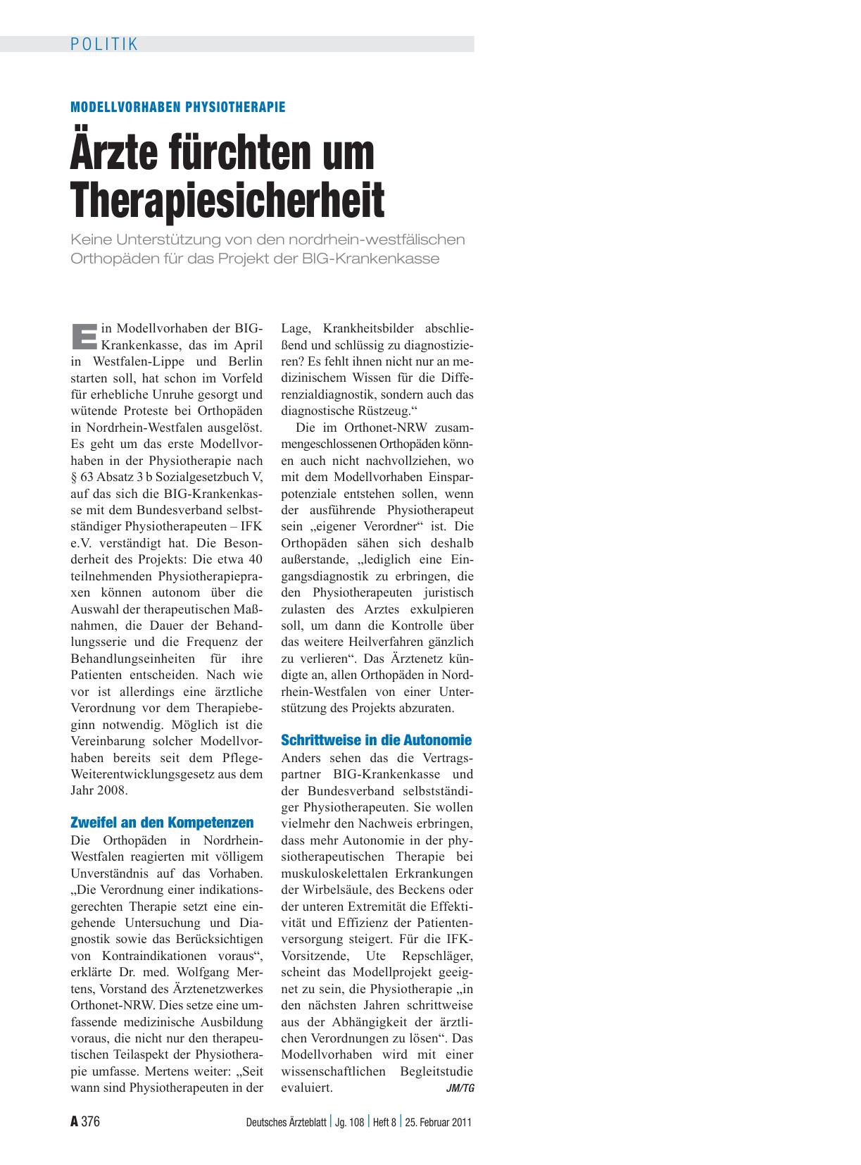 Vorschauseite 1: Modellvorhaben Physiotherapie: Ärzte fürchten um Therapiesicherheit