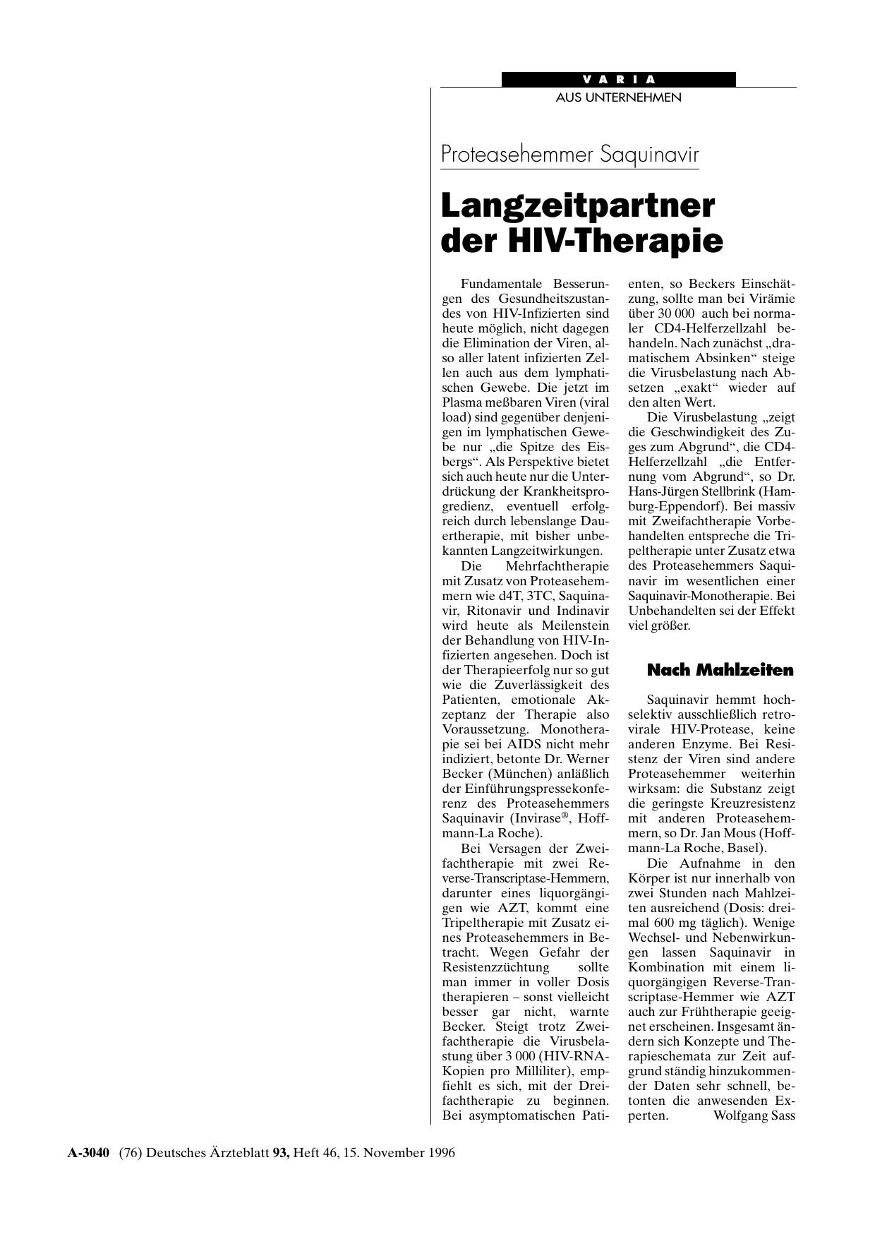 Vorschauseite 1: Proteasehemmer Saquinavir: Langzeitpartner der HIV-Therapie