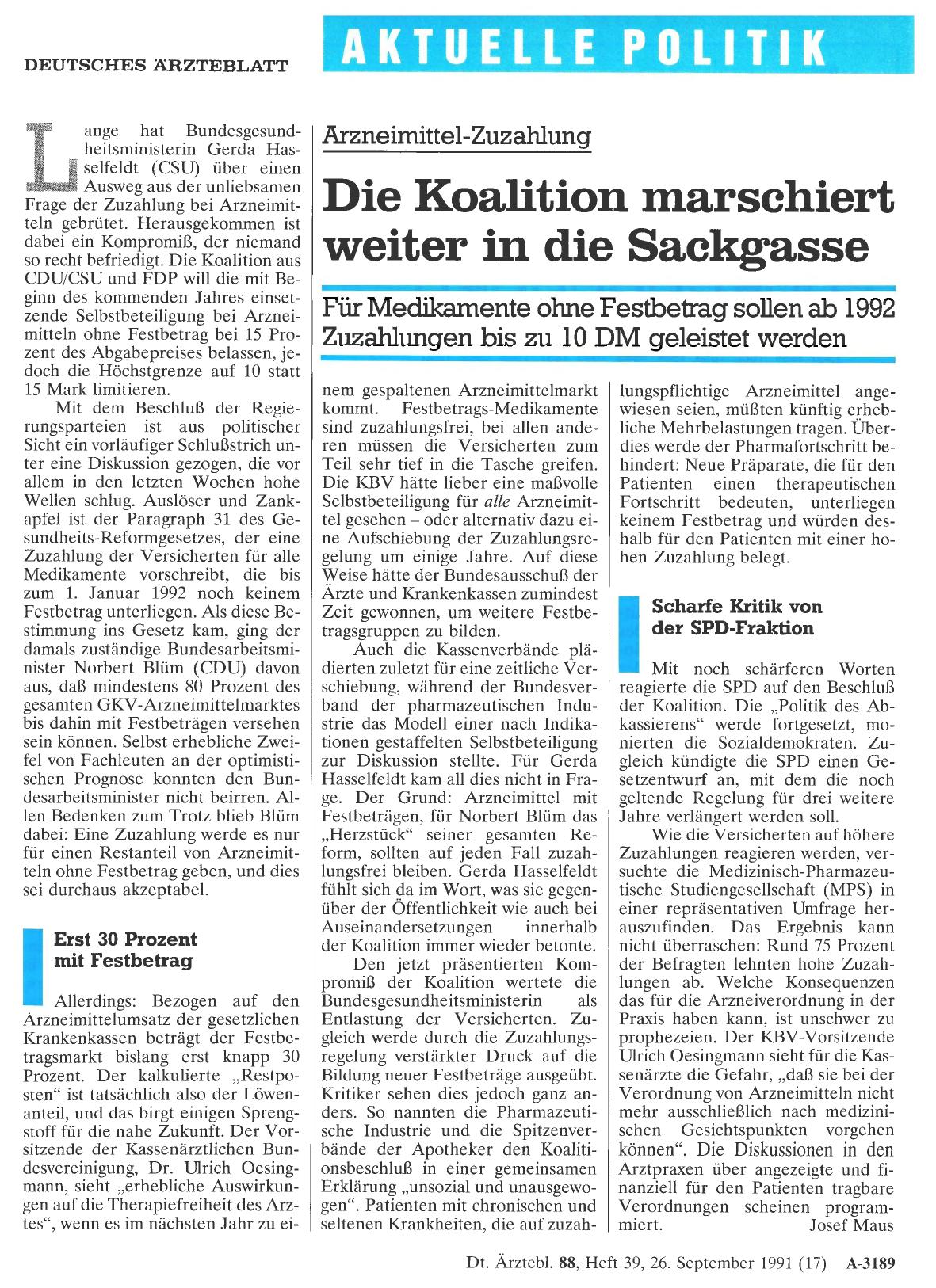 Vorschauseite 1: Arzneimittel-Zuzahlung: Die Koalition marschiert weiter in die Sackgasse