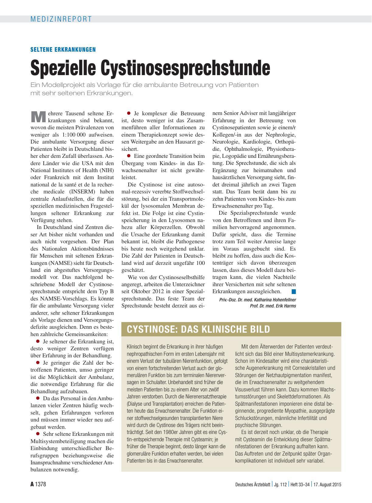 Vorschauseite 1: Seltene Erkrankungen: Spezielle Cystinosesprechstunde