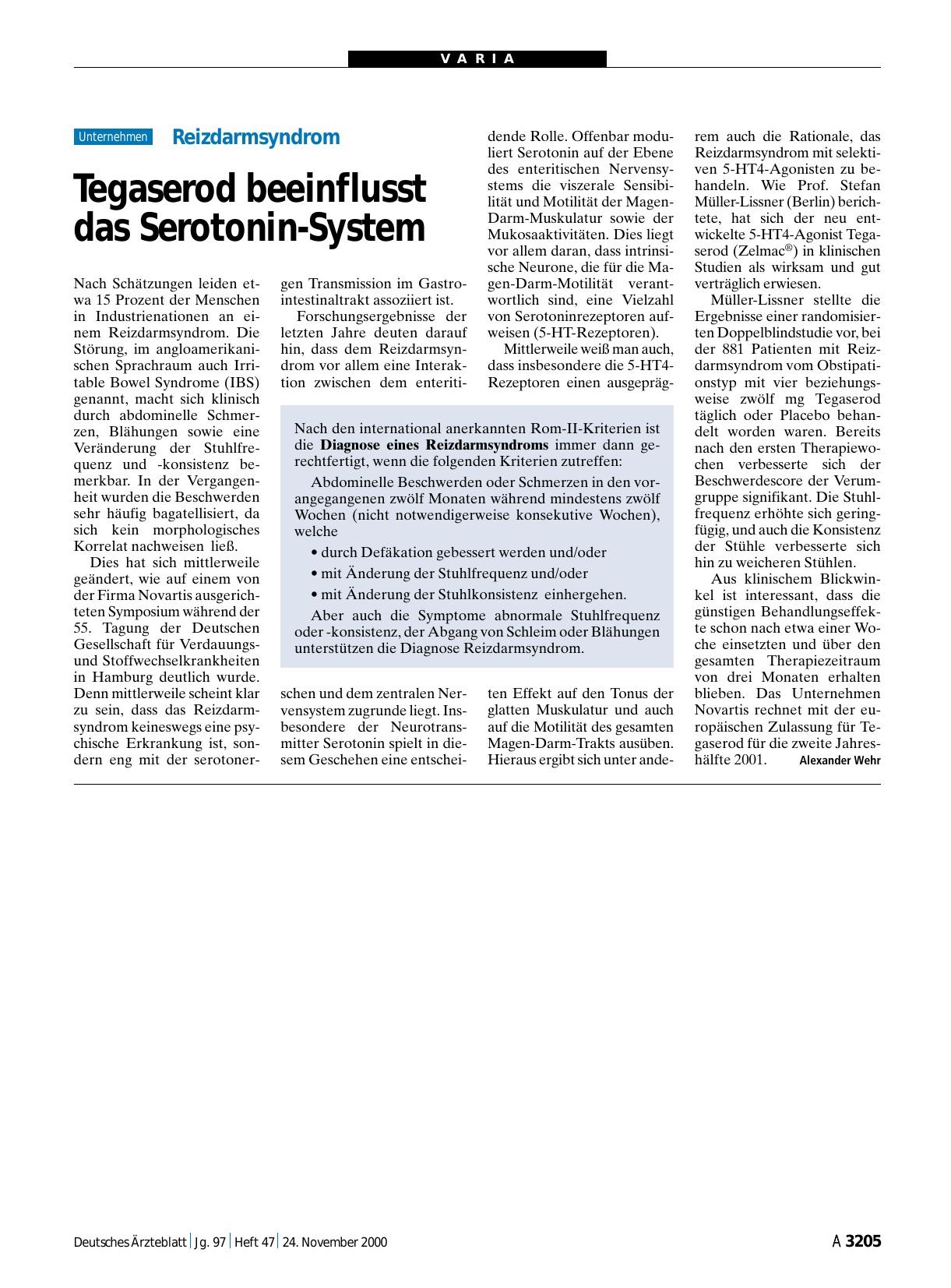 Vorschauseite 1: Reizdarmsyndrom: Tegaserod beeinflusst das Serotonin-System