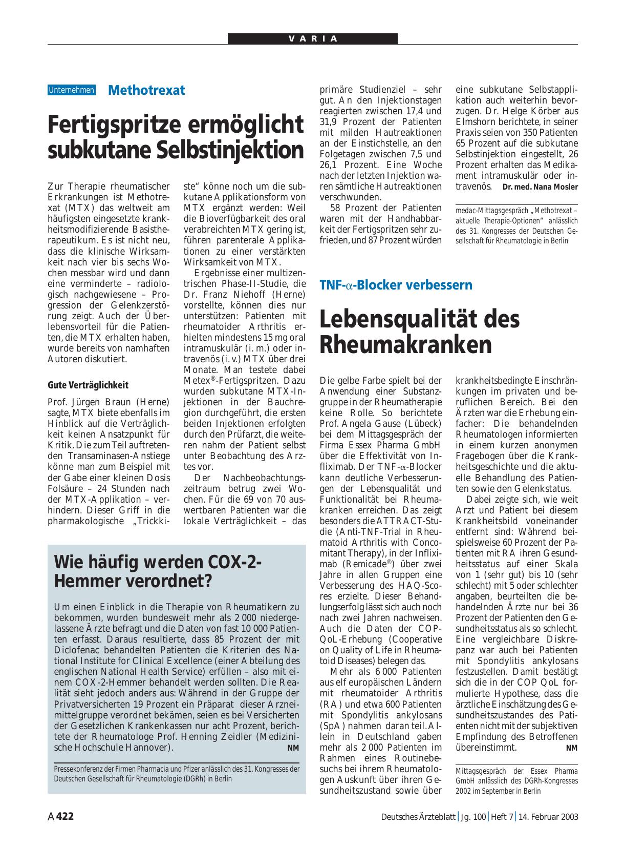Vorschauseite 1: TNF-a-Blocker verbessern: Lebensqualität des Rheumakranken