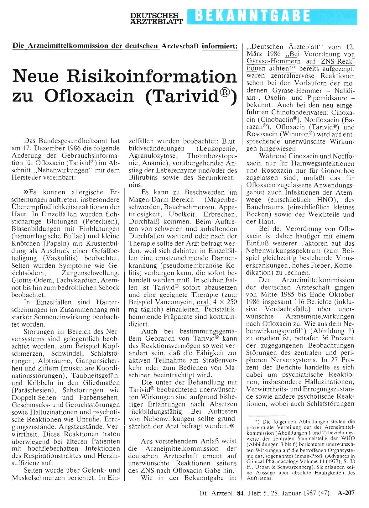 Vorschauseite 1: Die Arzneimittelkommission der deutschen Ärzteschaft informiert: Neue Risikoinformation zu Ofloxacin (Tarivid)
