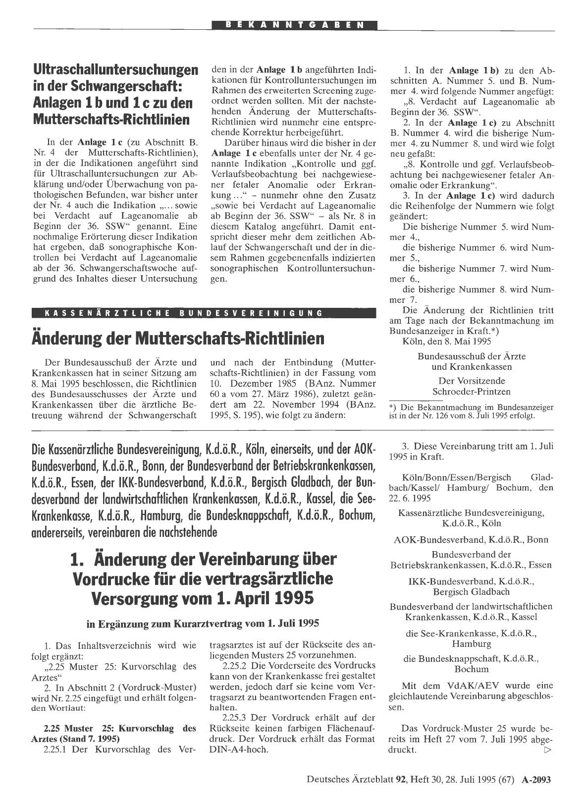 Vorschauseite 1: 1. Änderung der Vereinbarung über Vordrucke für die vertragsärztliche Versorgung vom 1. April 1995
