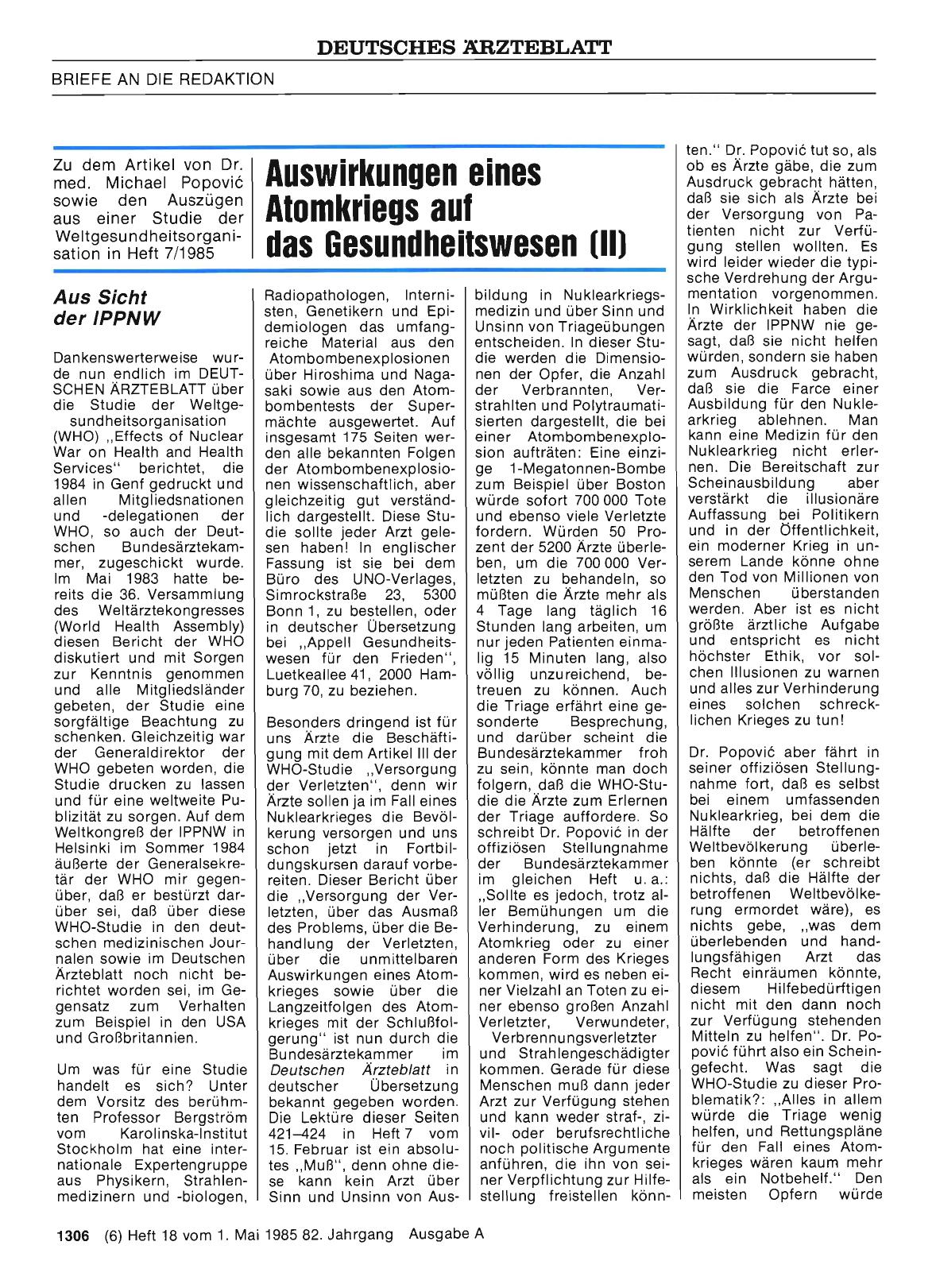 Vorschauseite 1: Auswirkungen eines Atomkriegs auf das Gesundheitswesen (II): Aus Sicht der IPPNW