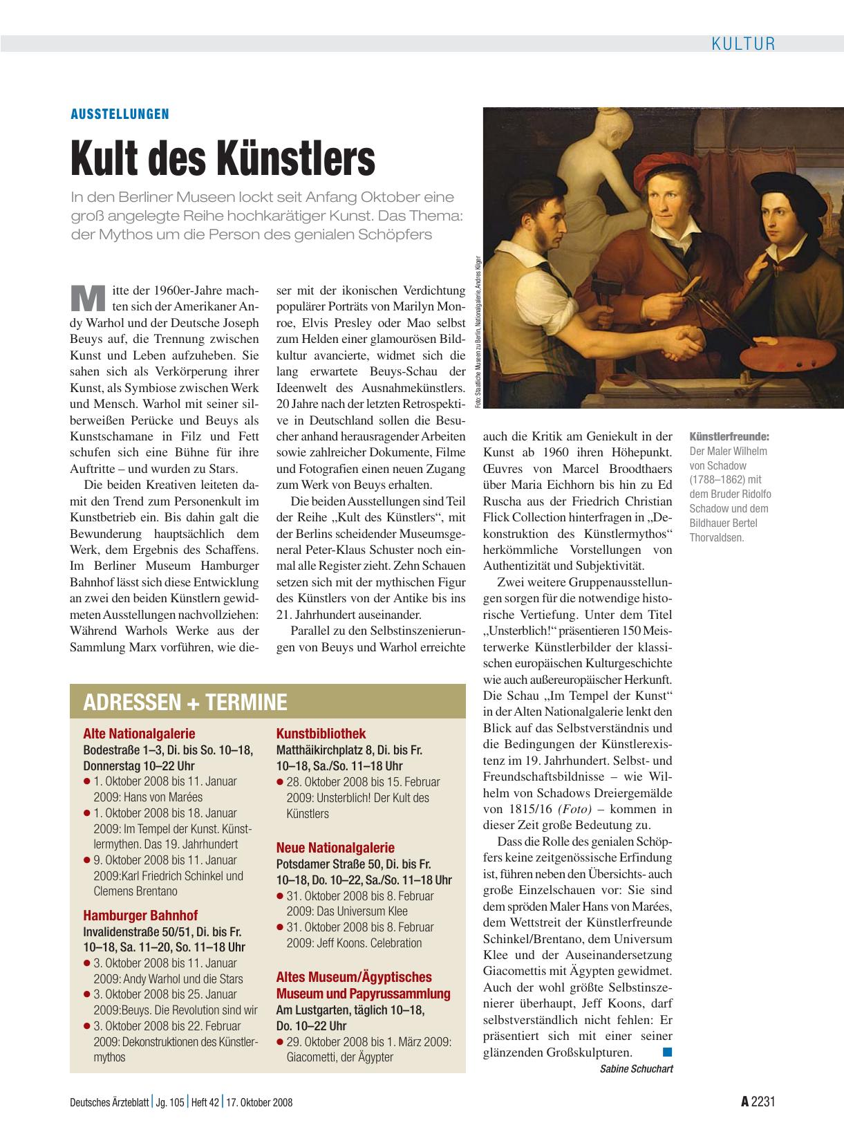 Vorschauseite 1: Ausstellungen: Kult des Künstlers