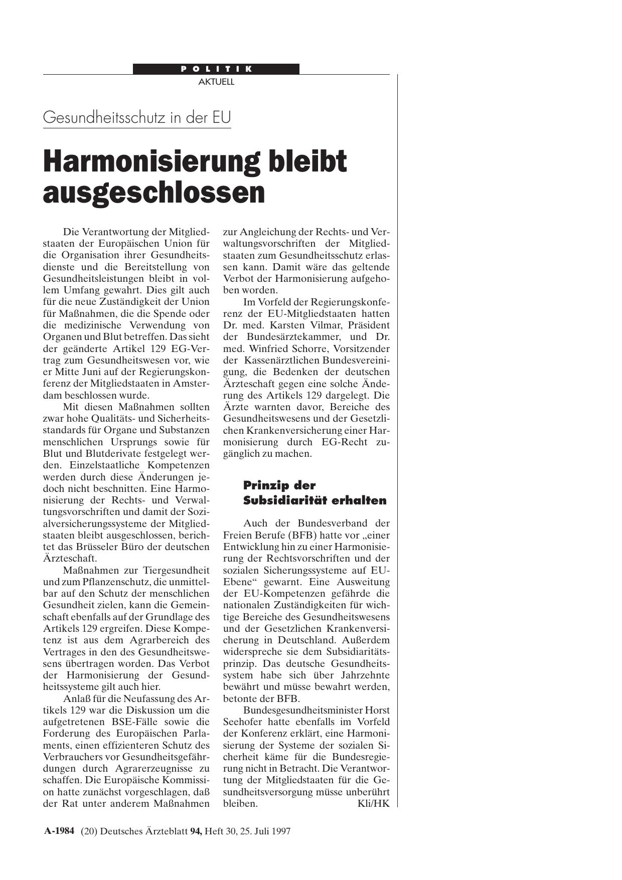Vorschauseite 1: Gesundheitsschutz in der EU: Harmonisierung bleibt ausgeschlossen