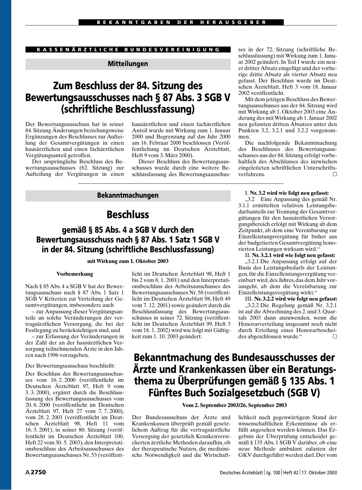 Vorschauseite 1: Mitteilungen: Zum Beschluss der 84. Sitzung des Bewertungsausschusses nach § 87 Abs. 3 SGB V (schriftliche Beschlussfassung)