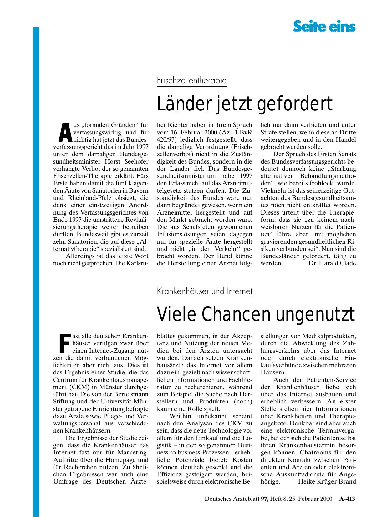 Vorschauseite 1: Frischzellentherapie: Länder jetzt gefordert