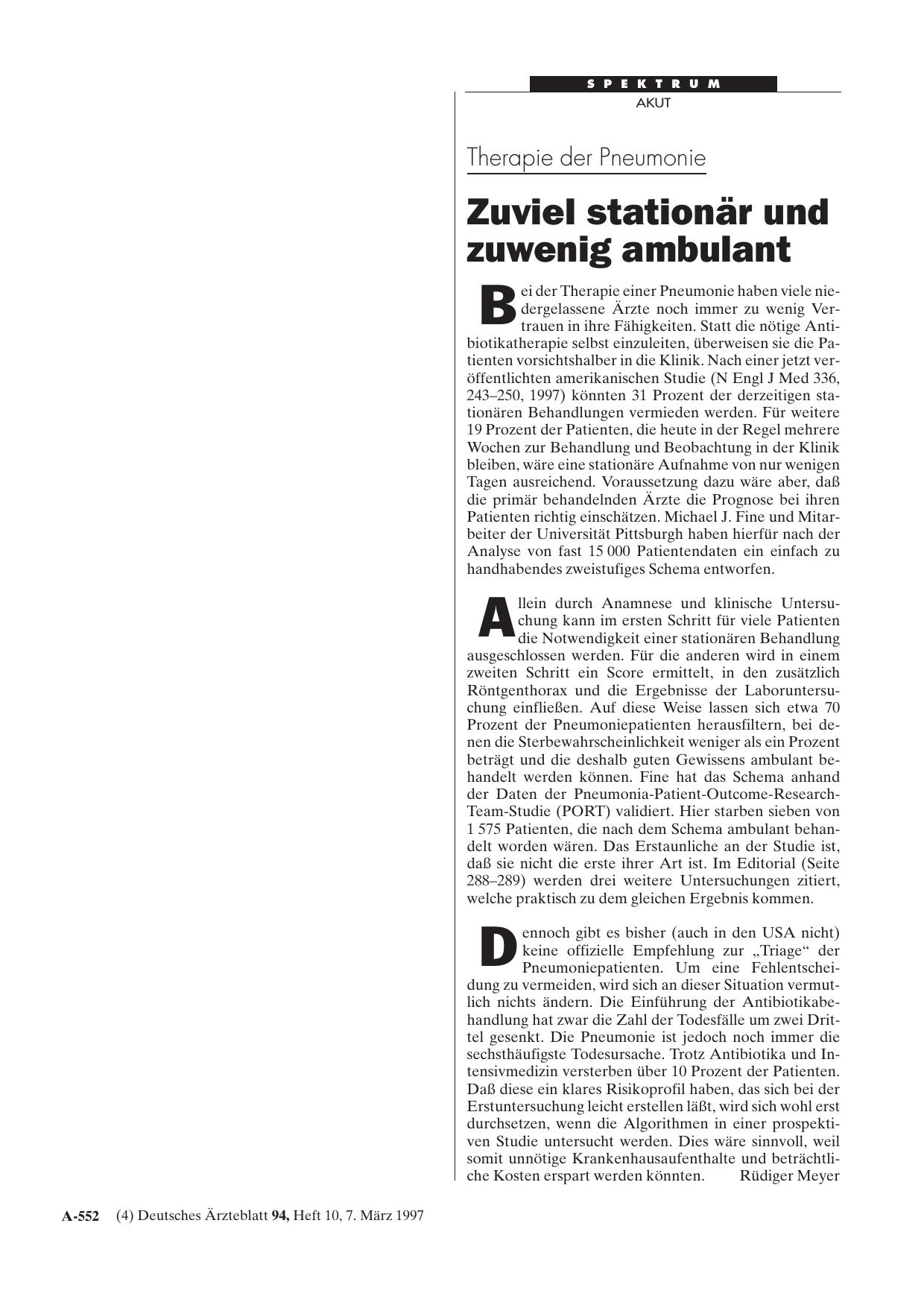 Vorschauseite 1: Therapie der Pneumonie: Zuviel stationär und zuwenig ambulant