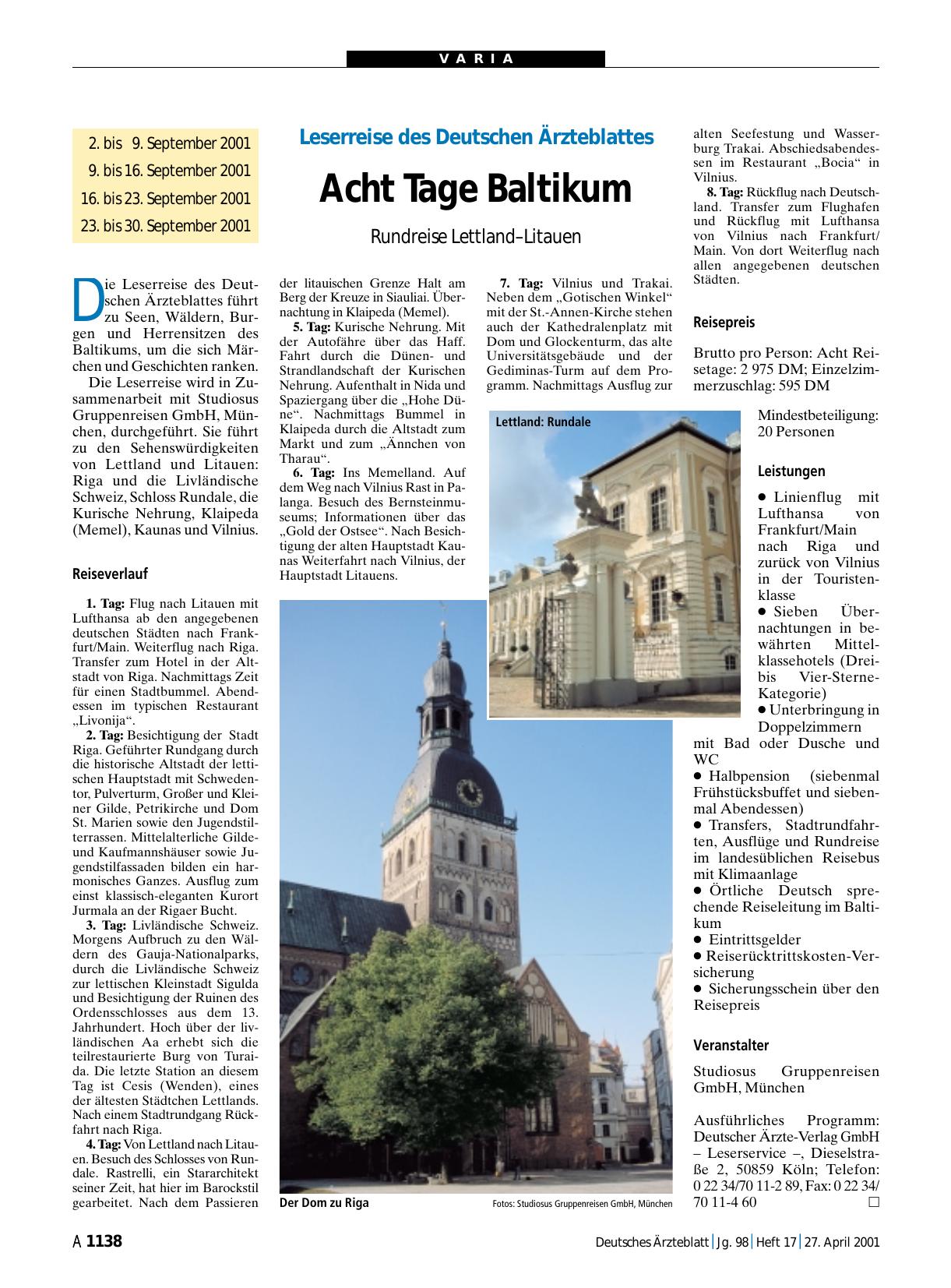 Vorschauseite 1: Leserreise des Deutschen Ärzteblattes: Acht Tage Baltikum - Rundreise Lettland – Litauen