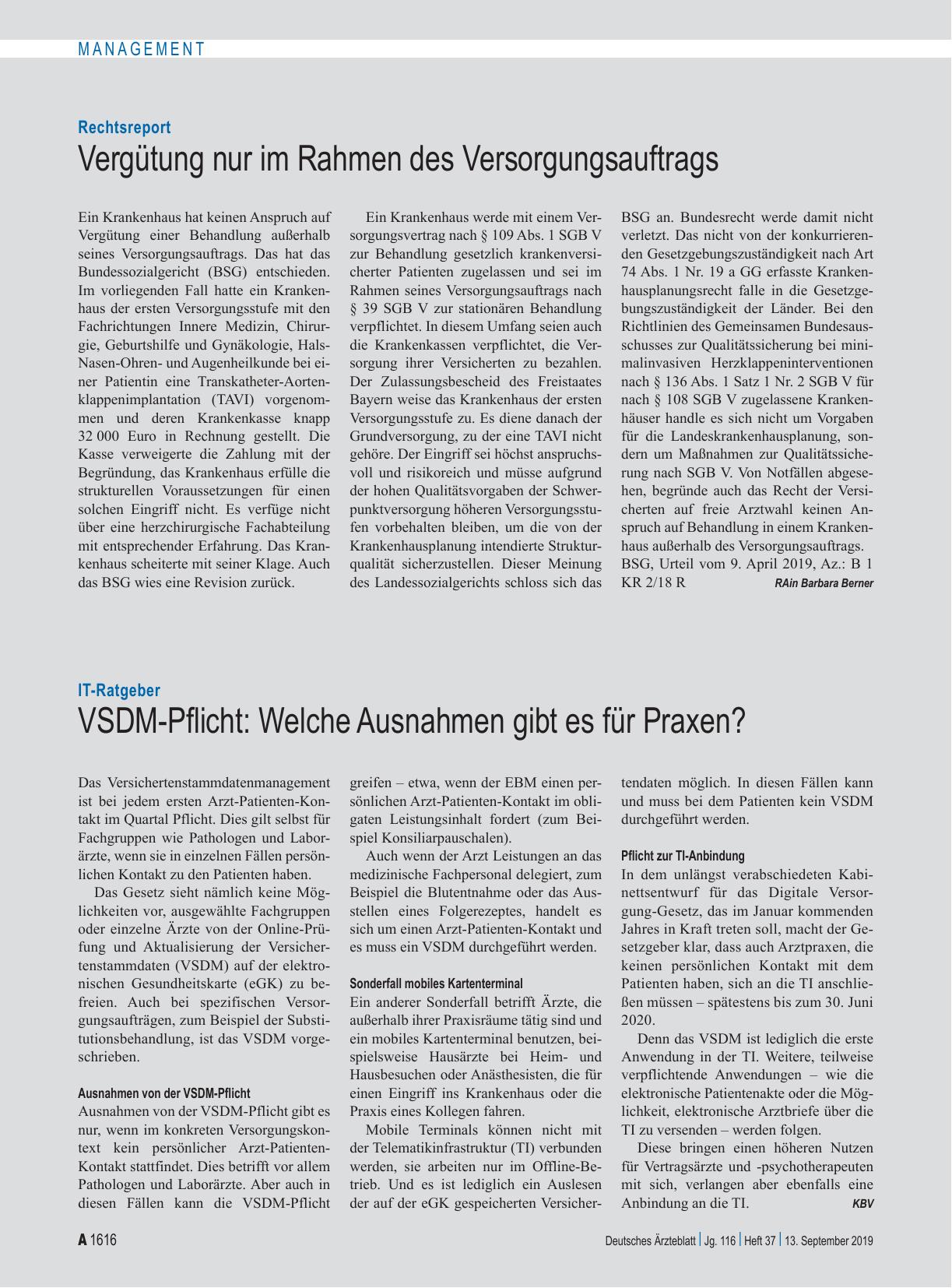 Vorschauseite 1: Rechtsreport: Vergütung nur im Rahmen des Versorgungsauftrags