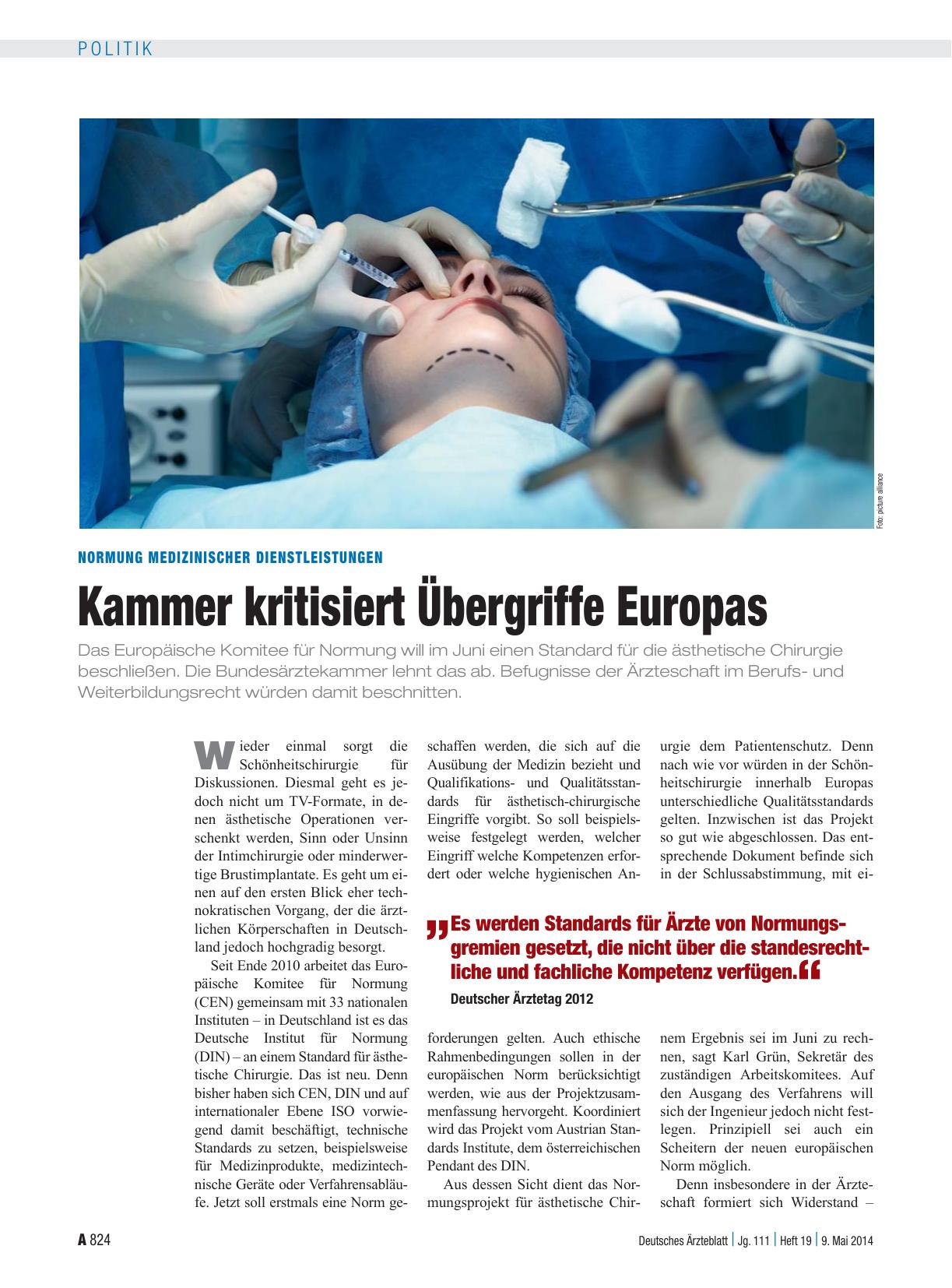 Vorschauseite 1: Normung medizinischer Dienstleistungen: Kammer kritisiert Übergriffe Europas