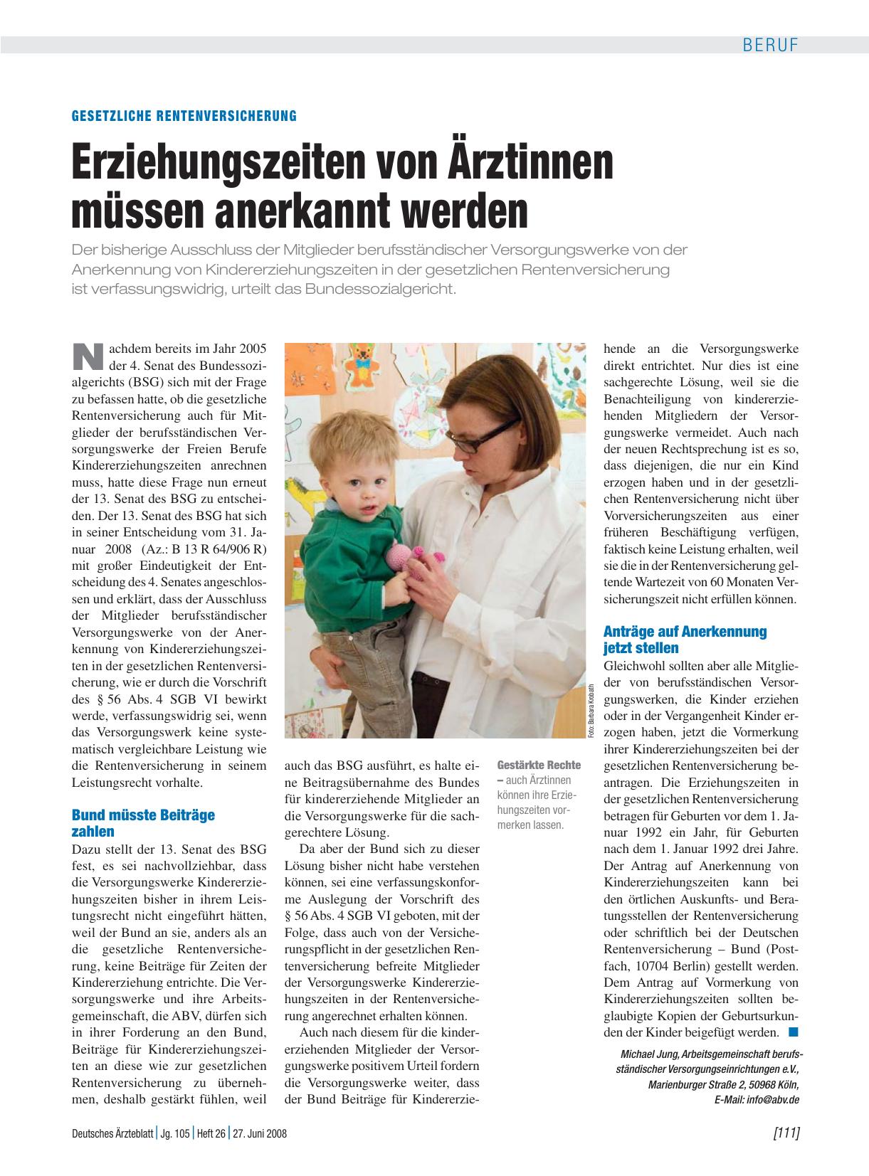 Vorschauseite 1: Gesetzliche Rentenversicherung: Erziehungszeiten von Ärztinnen müssen anerkannt werden