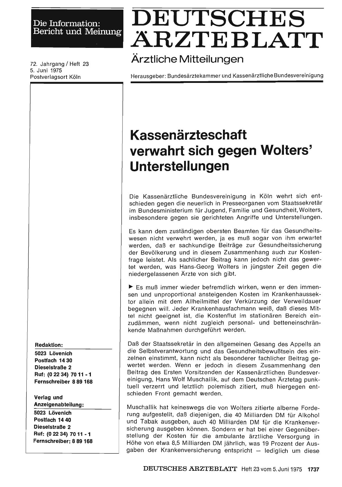Vorschauseite 1: Kassenärzteschaft verwahrt sich gegen Wolters' Unterstellungen
