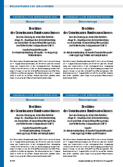 Vorschauseite 1: Beschluss des Gemeinsamen Bundesausschusses über eine Änderung der Arzneimittel-Richtlinie: Ivacaftor/Tezacaftor/Elexacaftor (Kombinationsbehandlung mit Ivacaftor – homozygot bzgl…