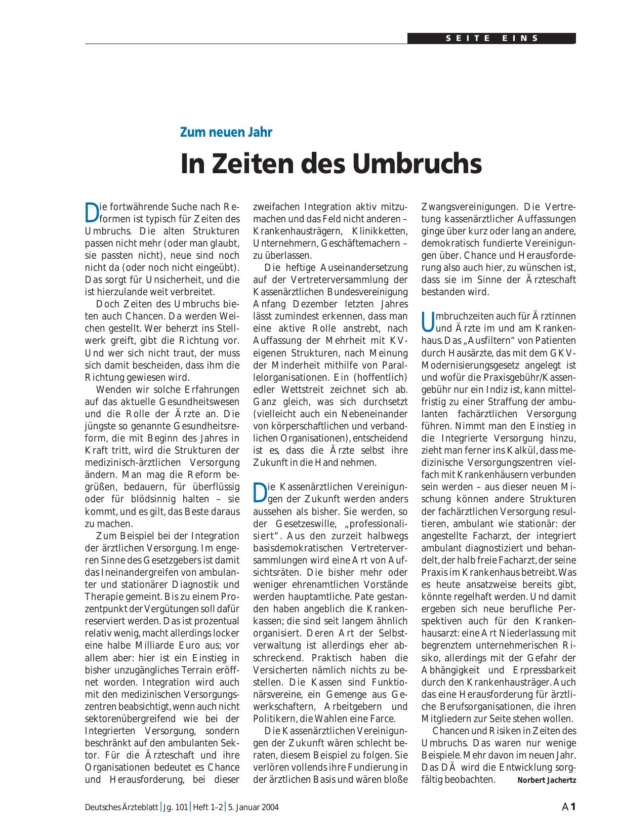 Vorschauseite 1: Zum neuen Jahr: In Zeiten des Umbruchs