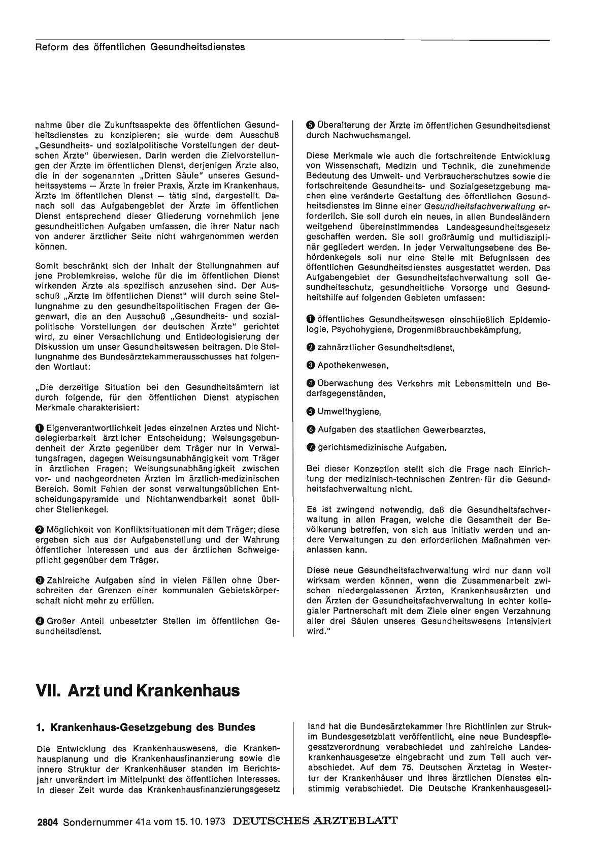 Vorschauseite 1: Bericht über das Jahr 1972/73: E. Der Arzt im Beruf: VII. Arzt und Krankenhaus