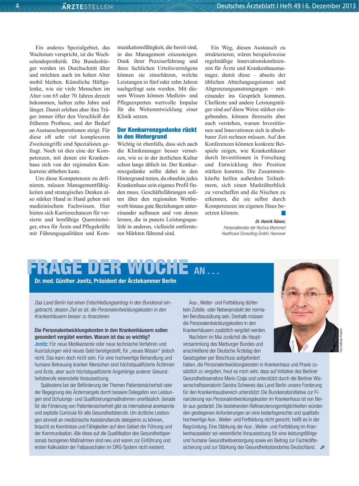 Vorschauseite 1: Frage der Woche an. .. Dr. med. Günther Jonitz, Präsident der Ärztekammer Berlin