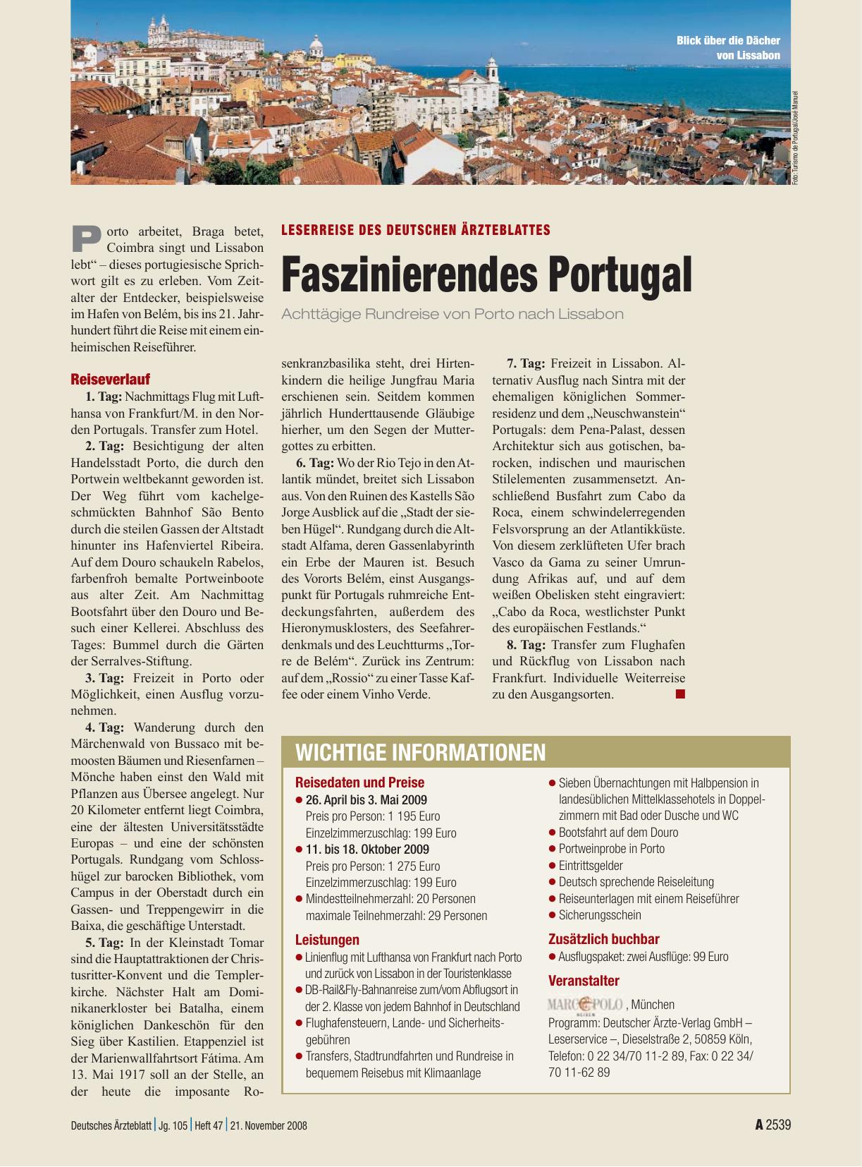 Vorschauseite 1: Leserreise des Deutschen Ärzteblattes: Faszinierendes Portugal