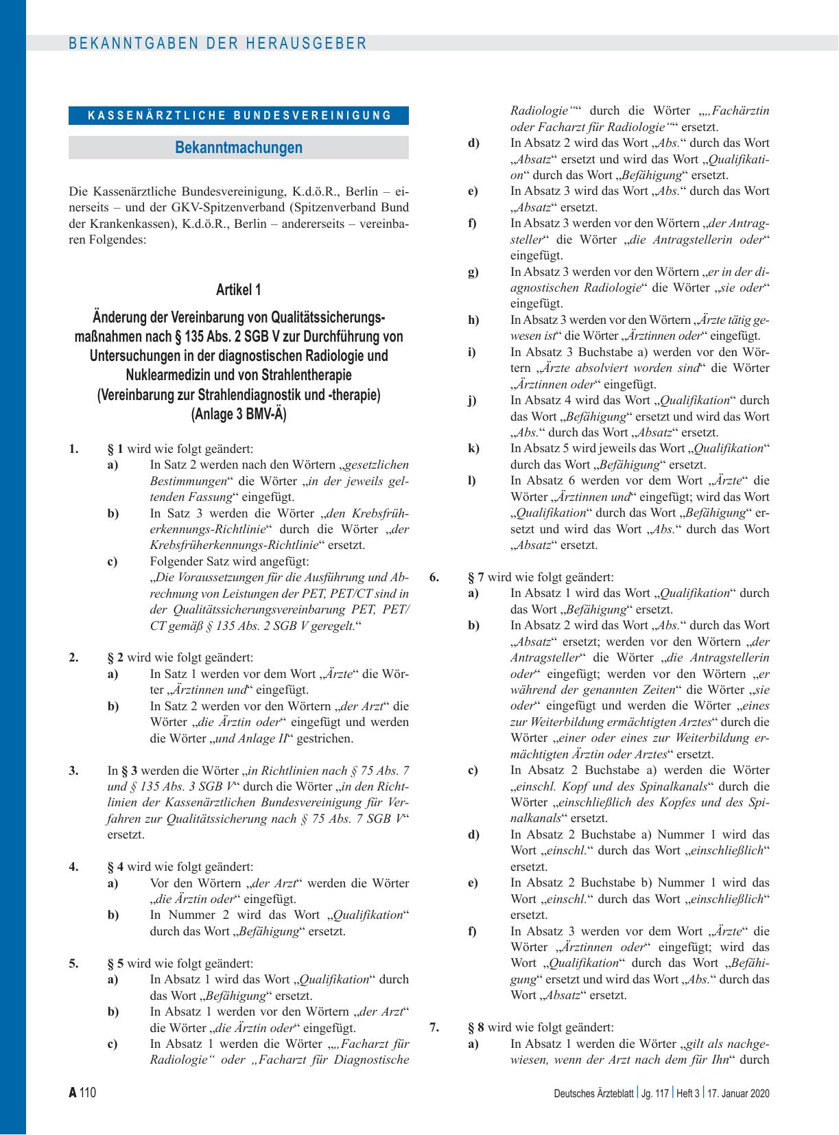 Vorschauseite 1: Änderung der Vereinbarung von Qualitätssicherungsmaßnahmen nach § 135 Abs. 2 SGB V zur Durchführung von Untersuchungen in der diagnostischen Radiologie und Nuklearmedizin und von…