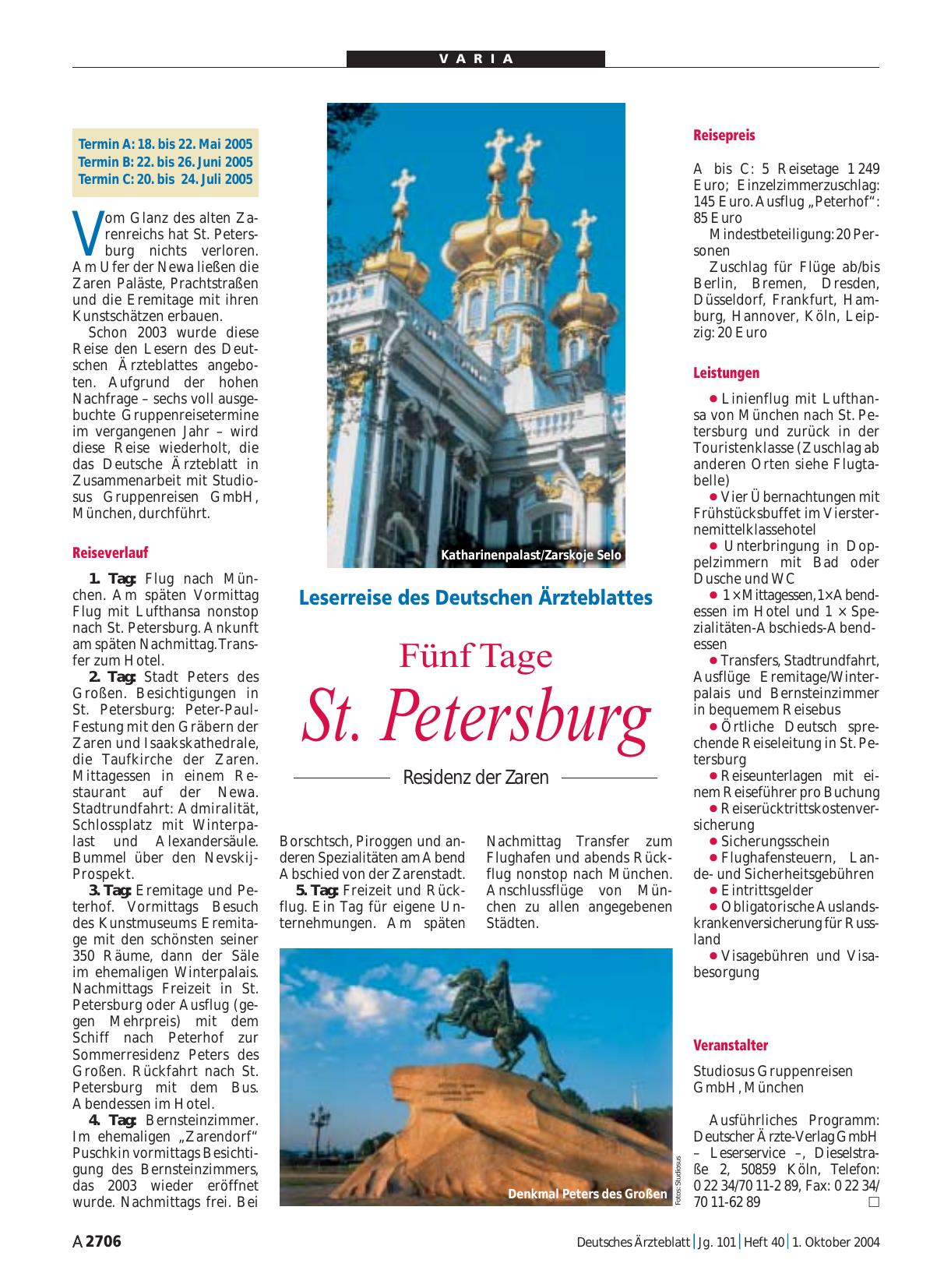 Vorschauseite 1: Leserreise des Deutschen Ärzteblattes: Fünf Tage St. Petersburg