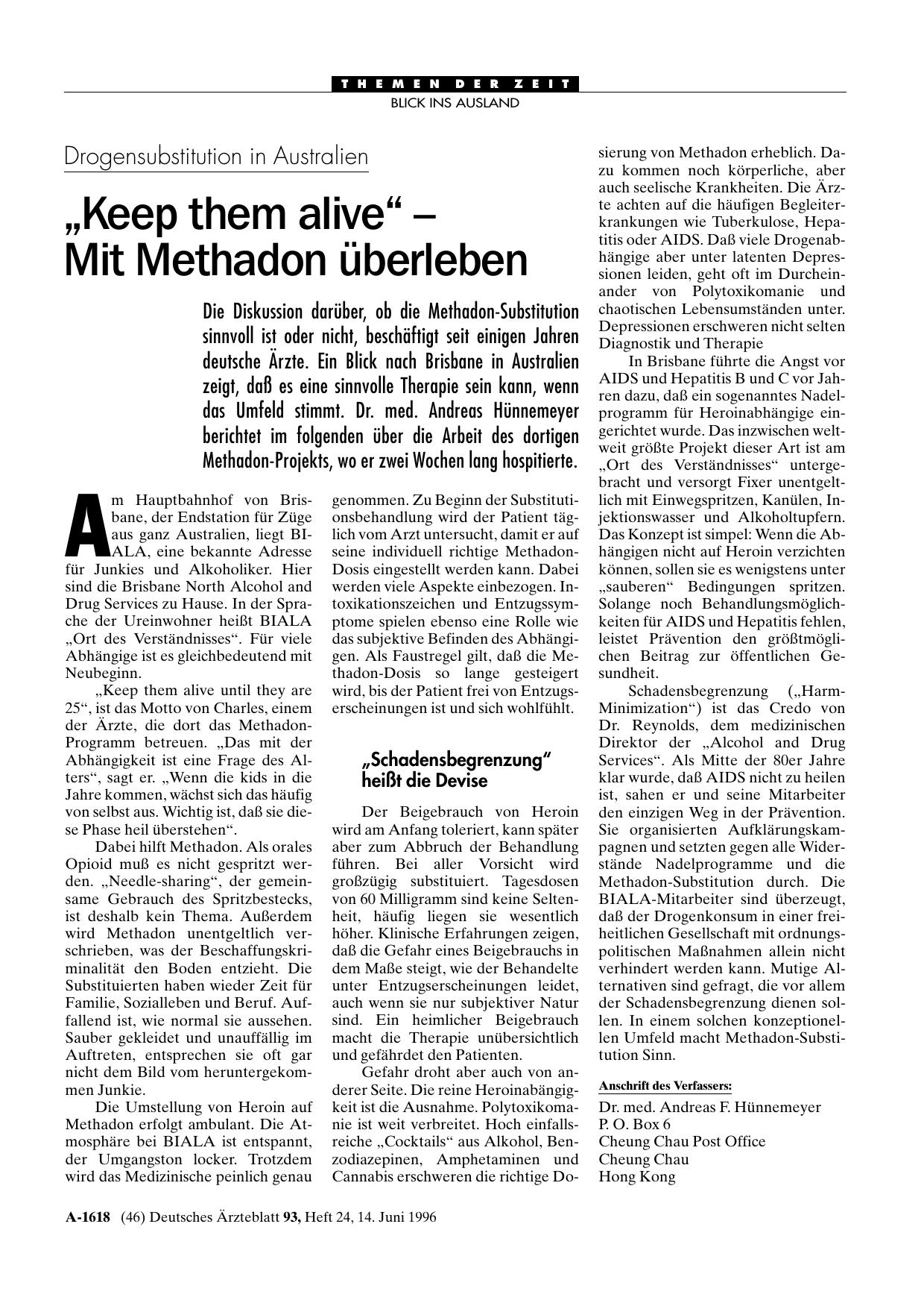 Vorschauseite 1: Drogensubstitution in Australien: „Keep them alive“ – Mit Methadon überleben