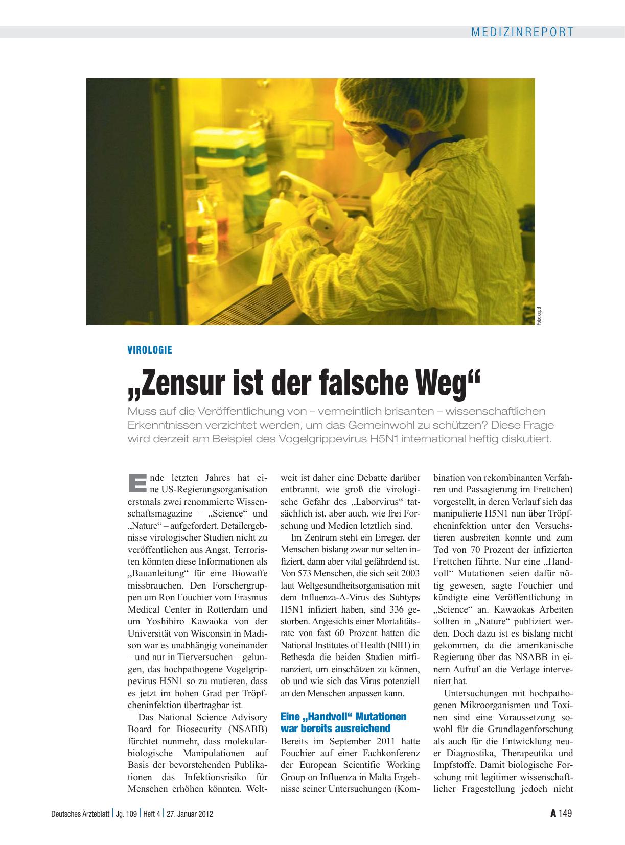 Vorschauseite 1: Virologie: „Zensur ist der falsche Weg“