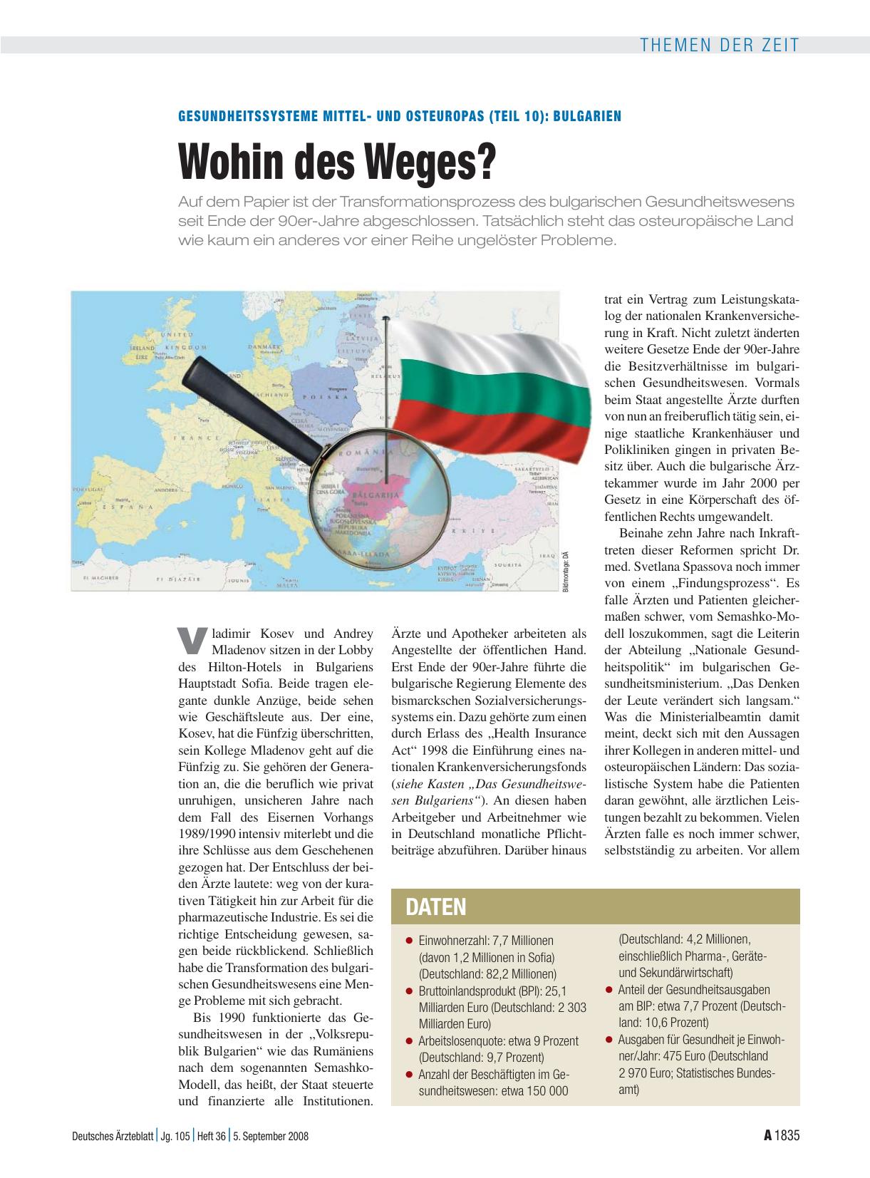 Vorschauseite 1: Gesundheitssysteme Mittelund Osteuropas (Teil 10): Bulgarien: Wohin des Weges?